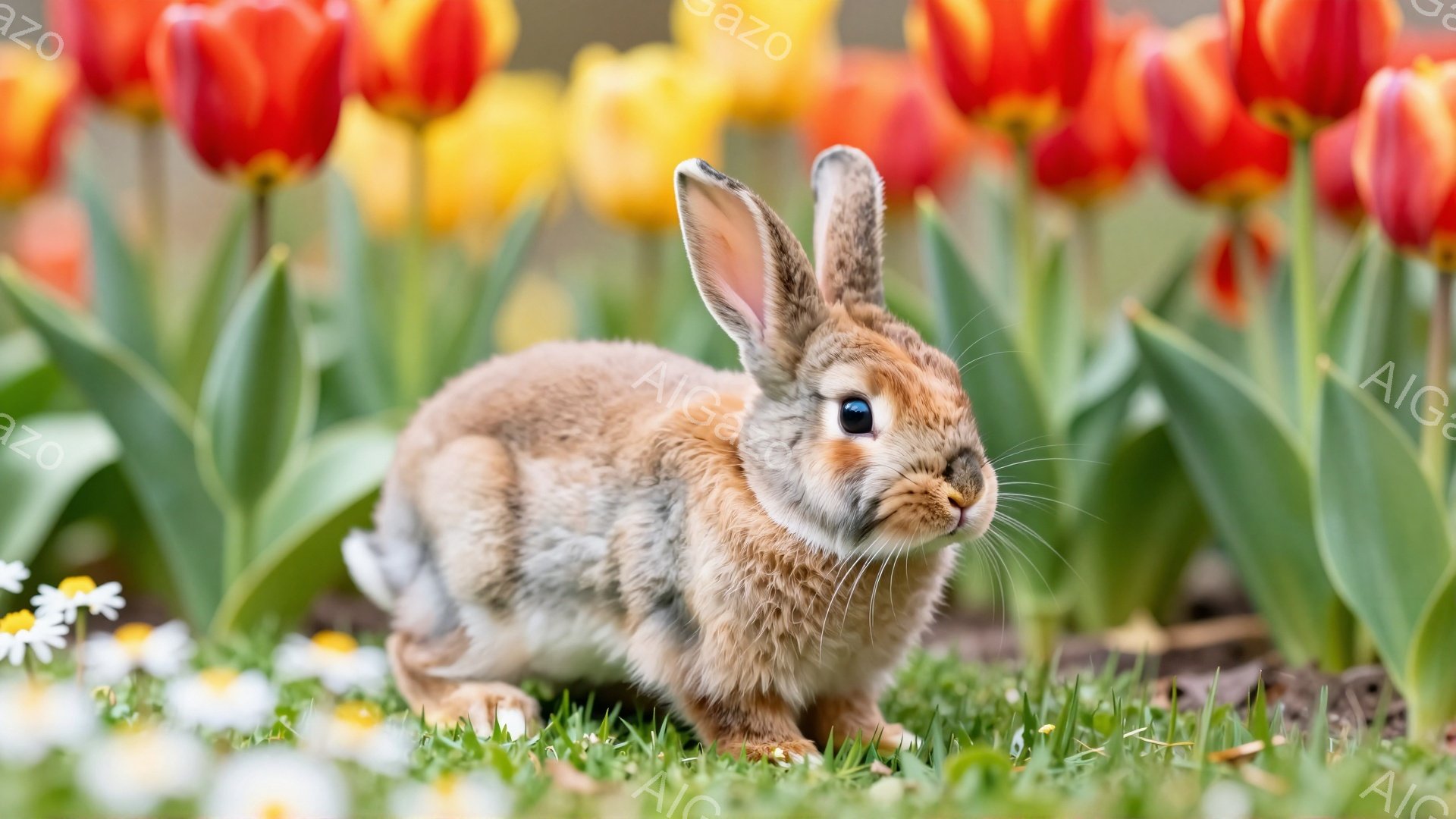 柔らかい毛並みのうさぎが、緑の草の上に座ってこちらを見ています。背景には、赤と黄色のチューリップが咲き誇り、春の暖かな雰囲気が漂っています。うさぎは警戒しながらも、好奇心旺盛な表情をしています。