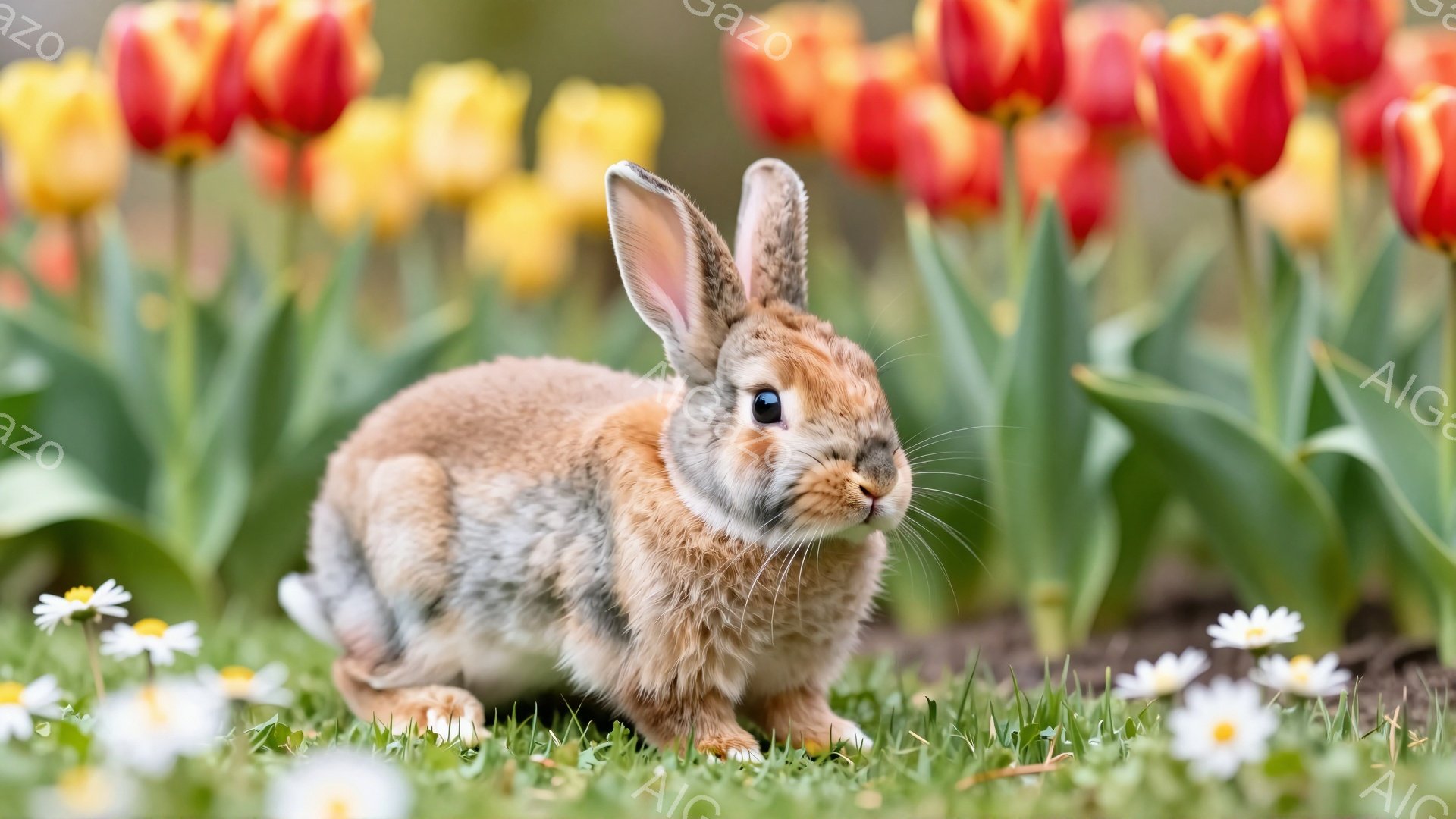緑の草むらの中で、茶色のウサギがこちらを見つめています。背後には鮮やかな赤と黄色のチューリップが咲き誇り、白いデイジーも点在しています。穏やかな春の陽気を感じさせる、可愛らしい光景です。