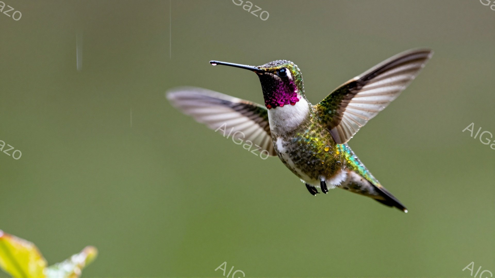 緑色の背景を背景に、ルビー色の喉を持つハチドリが翼を羽ばたきながら飛んでいる。鮮やかな緑、紫、黒の羽毛が太陽光の中で輝いている。背景には緑の葉っぱがぼやけて見え、動きのある自然の瞬間を捉えている。