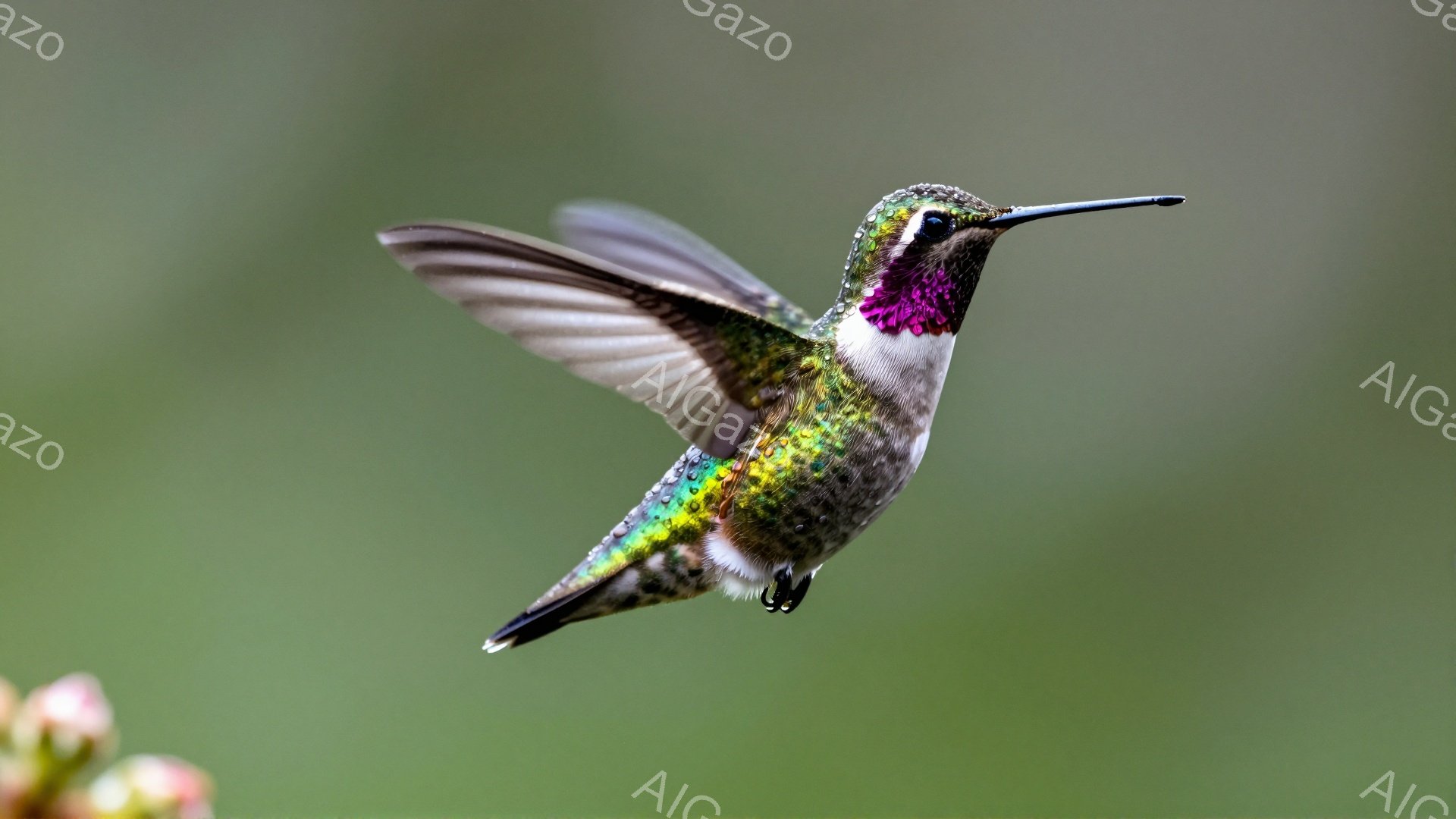 鮮やかな緑と紫色のハチドリが、翼を広げて空中で静止している。背景はぼやけた緑色で、花の一部が見え、生き生きとした自然の瞬間を捉えている。光沢のある羽と長い嘴が印象的だ。