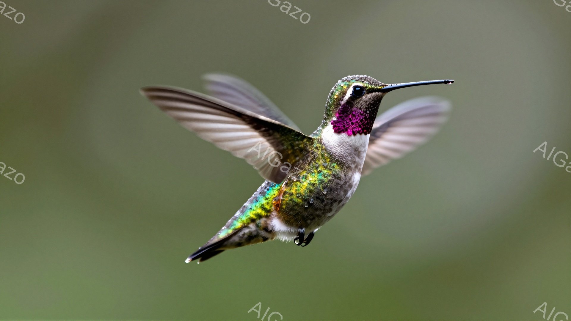 アサギハチドリが鮮やかな色彩の羽を広げ、空中で静止している。喉の赤色が特に印象的で、緑と紫の色合いが美しい。背景はぼやけた緑色で、鳥の優雅な姿が際立っている。