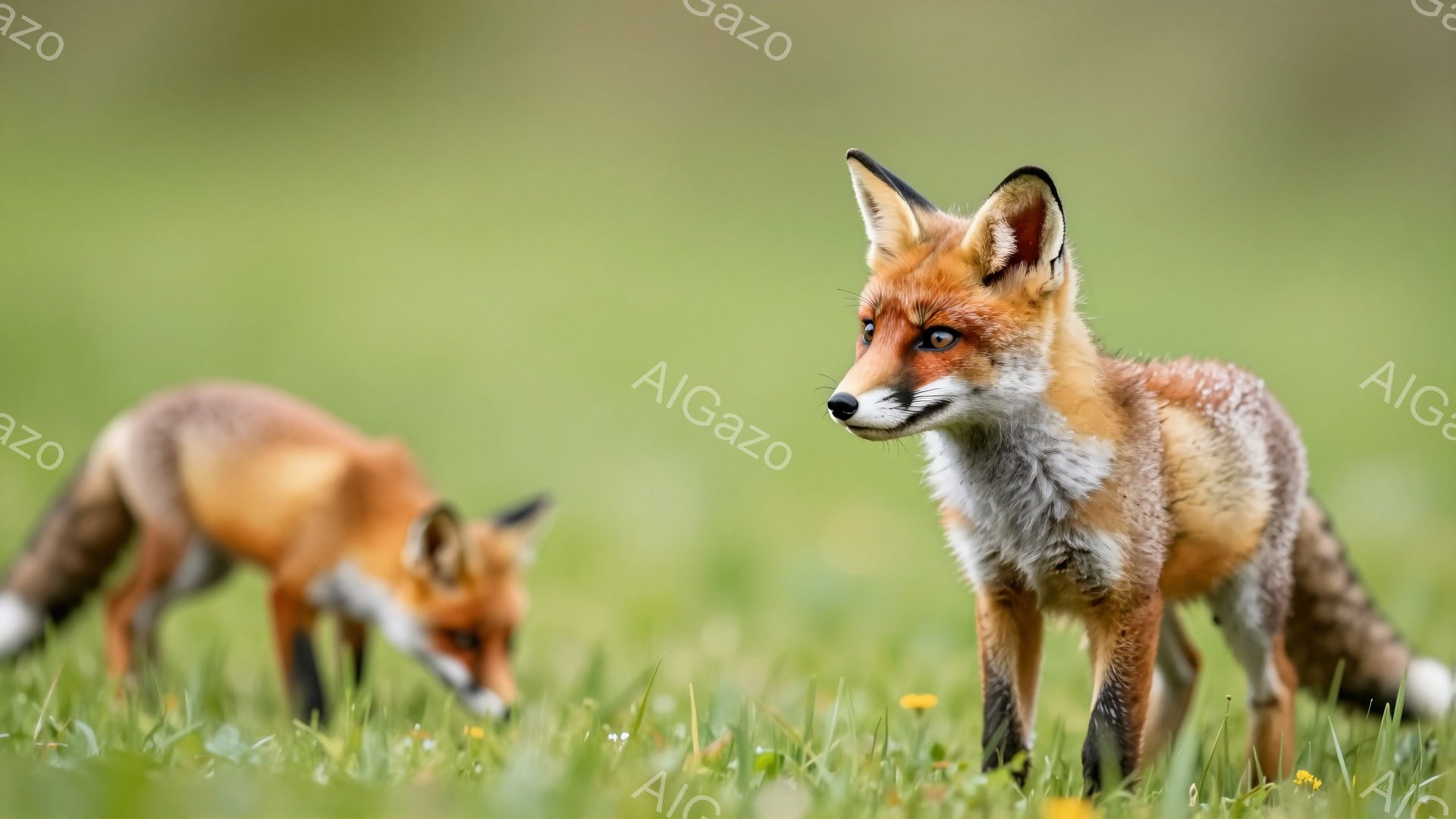 緑の草むらの中で、2匹のキツネが活発に動き回っている。一匹は前かがみで何かを探しているようであり、もう一匹は横を向き、こちらを見ている。背景はぼやけており、春または夏の穏やかな自然の雰囲気が感じられる。