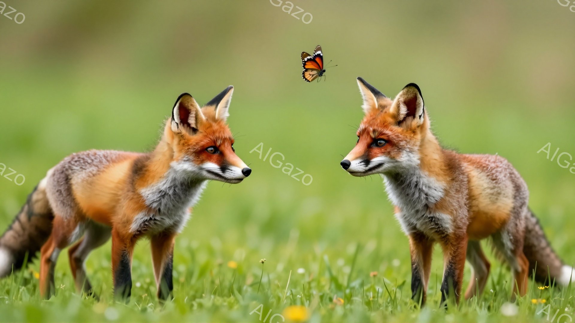 緑豊かな草原に二匹のキツネが向き合って立っている。一方のキツネの上をオレンジ色の蝶が飛び、興味深そうにキツネは蝶を見上げている。背景はぼやけており、自然の穏やかさと静けさを感じさせる。