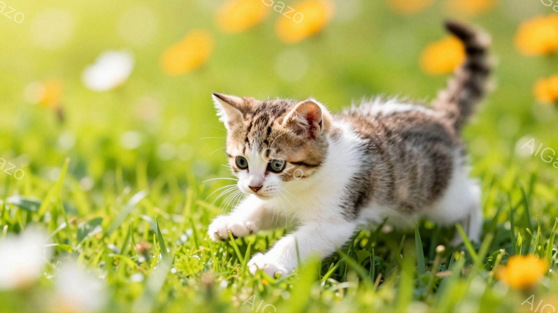 緑の草の上を元気な子猫が歩いています。白と茶色の毛並みが可愛らしく、まるで小さな虎のようです。背景にはぼんやりと黄色い花々が咲き、春らしい暖かい雰囲気を感じます。