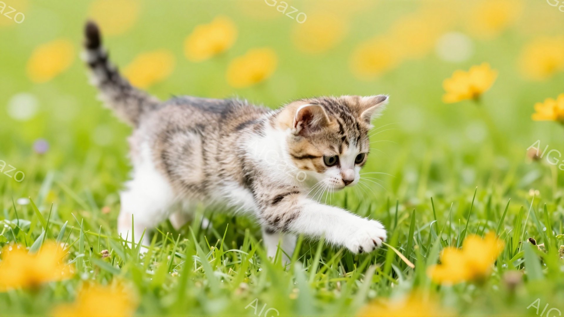緑の草の上を、縞模様の小さな子猫が駆け抜けている。前足を伸ばし、何かを捕まえようとしている活発な様子が伺える。周りには黄色い花が咲き乱れ、明るく温かい雰囲気を醸し出している。