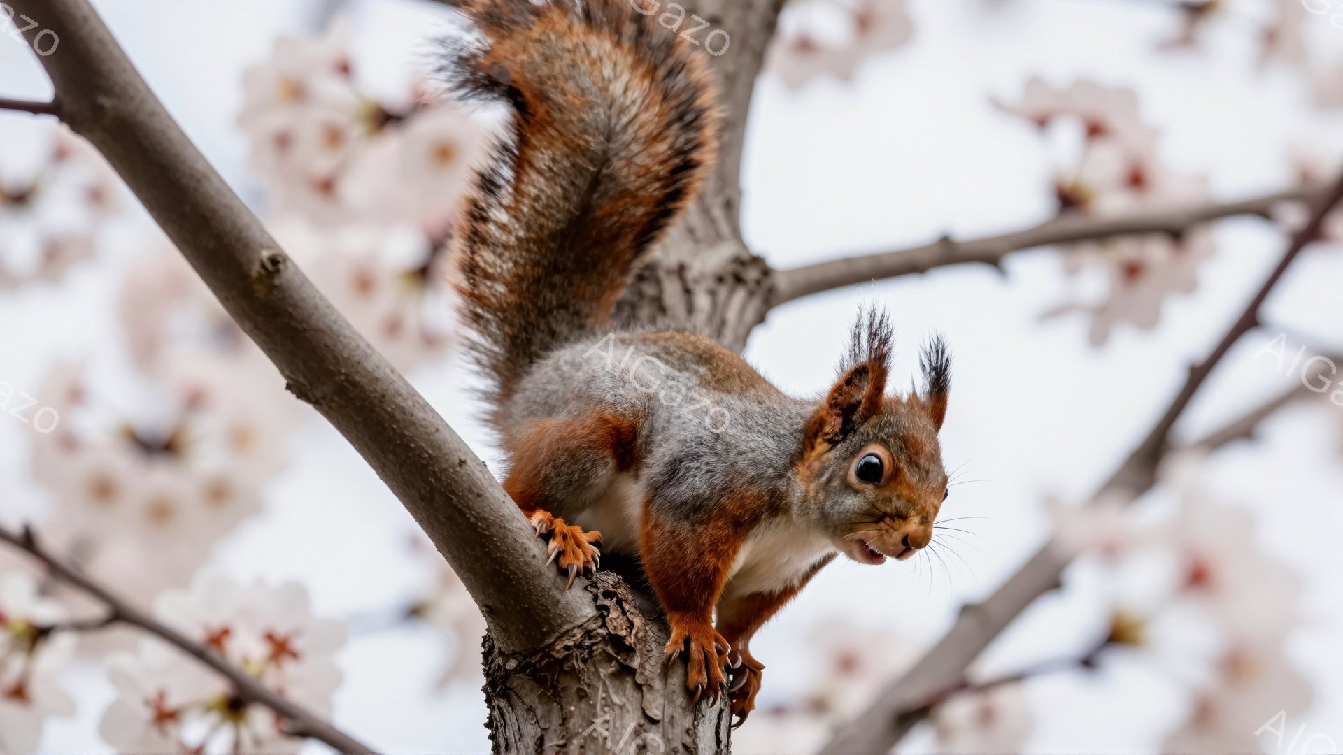 リスが木の枝に掴まっており、顔を少し上げて何かを見ている様子です。背景には淡いピンク色の花が咲き乱れ、春の穏やかな雰囲気を醸し出しています。リスの毛並みは赤茶色で、ふっくらとした冬毛が特徴的です。