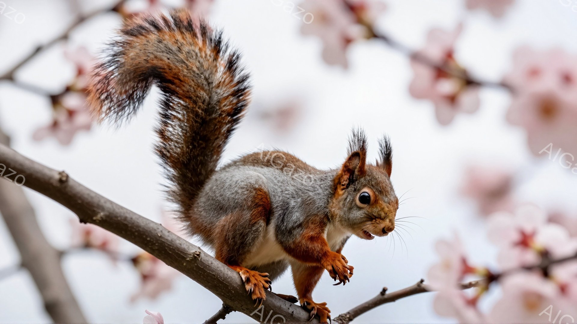 リスが桜の枝につかまっている。毛並みは赤茶色で、ふわふわとした尻尾が特徴的だ。背景には淡いピンク色の桜の花が咲き乱れ、春の訪れを感じさせる。 - AI生成フリー素材