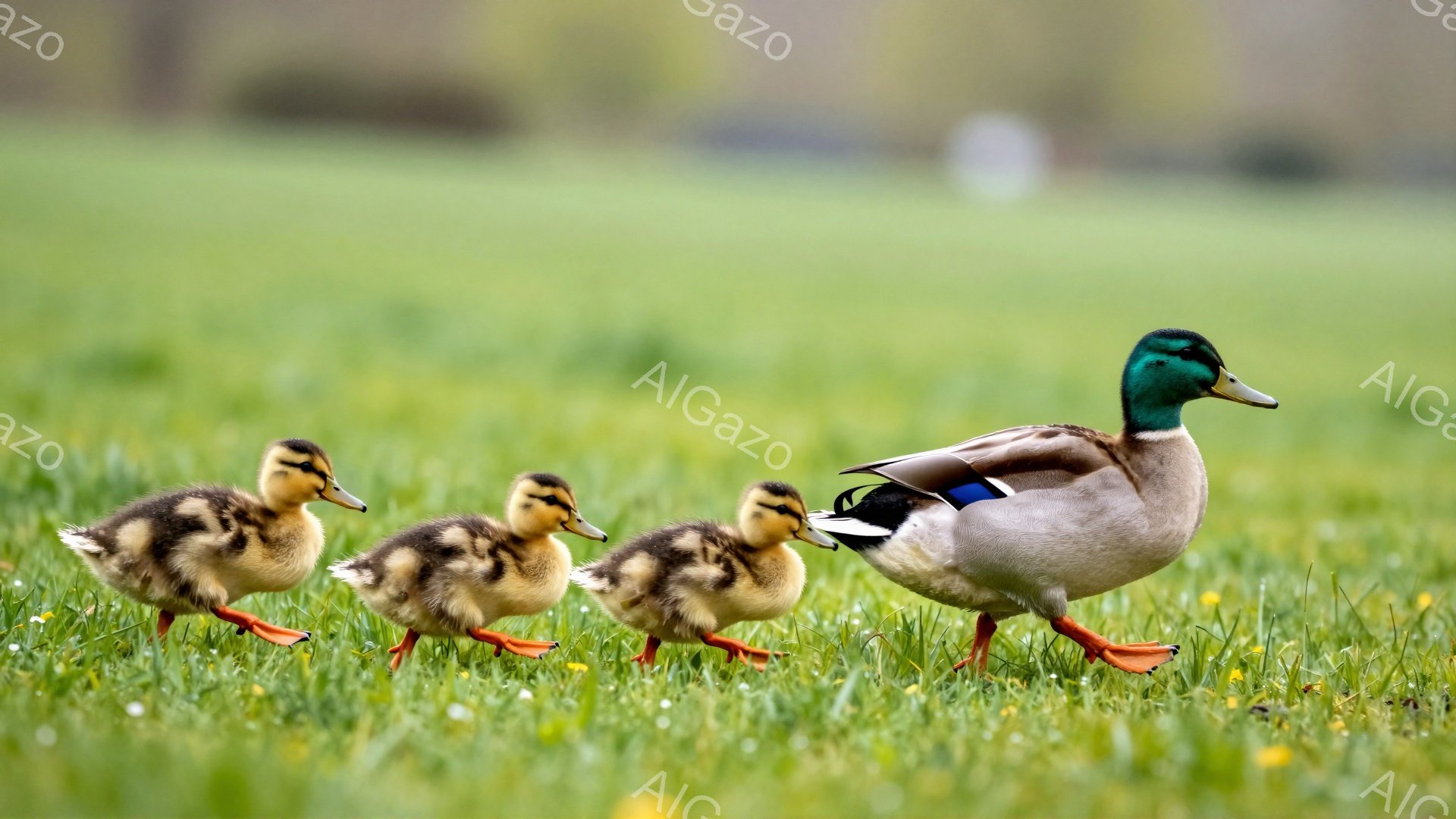 緑の草地をアヒルの親鳥と子鳥が歩いている。親鳥は鮮やかな緑色の頭部を持ち、子鳥たちはふわふわとした黄色い羽毛に覆われている。背景にはぼやけた緑が広がり、穏やかで平和な雰囲気が漂う。
