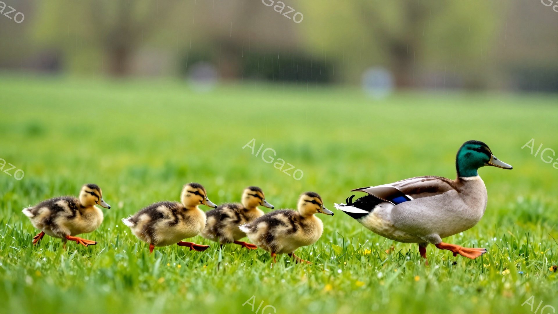 緑の草の上をアヒルの母親と子アヒルの列が歩いている。子アヒルたちはふわふわとした黄色い毛並みで、母親のアヒルは緑と茶色の美しい羽を持っている。背景は鮮やかな緑で、平和で穏やかな雰囲気を感じさせる。 - AI生成フリー素材