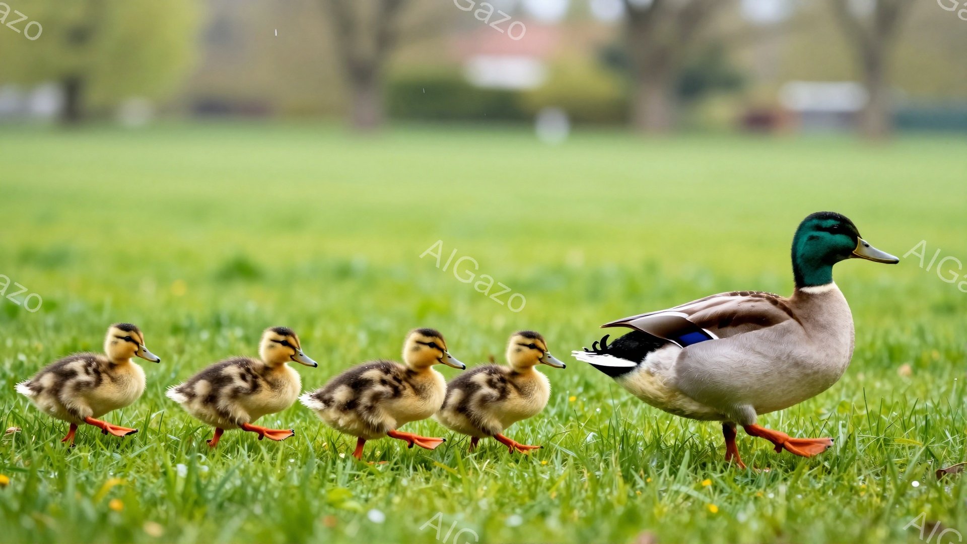 緑の草の上をアヒルとその雛が歩いている。一番大きなアヒルは先頭を歩き、その後に可愛らしい雛たちが列をなして続いている。背景には少しぼやけた木々が見え、穏やかで平和な雰囲気を感じさせる。 - AI生成フリー素材