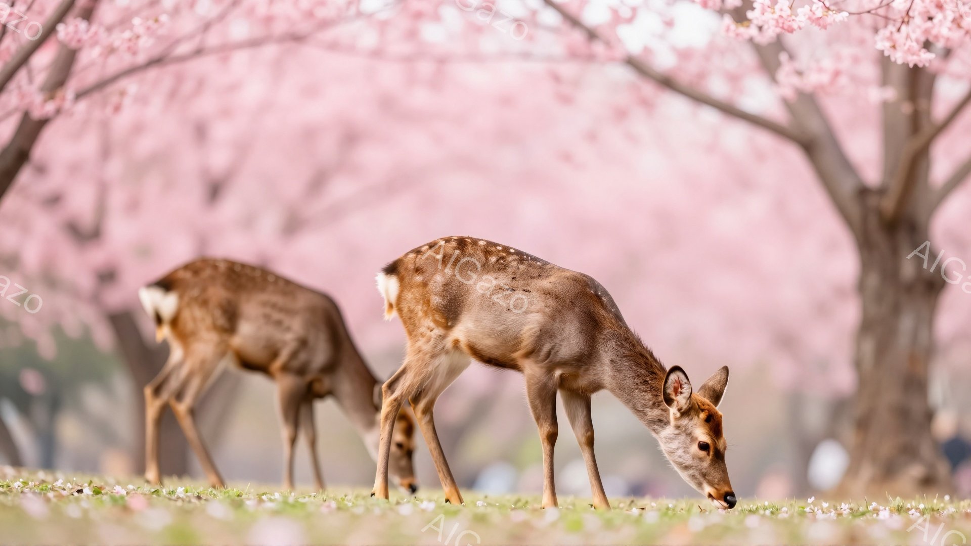 桜並木の中で、2頭の鹿が草を食べている。柔らかいピンク色の桜が背景を彩り、春の穏やかな雰囲気を醸し出している。鹿の毛並みは美しく、自然の中で生きる姿が印象的だ。