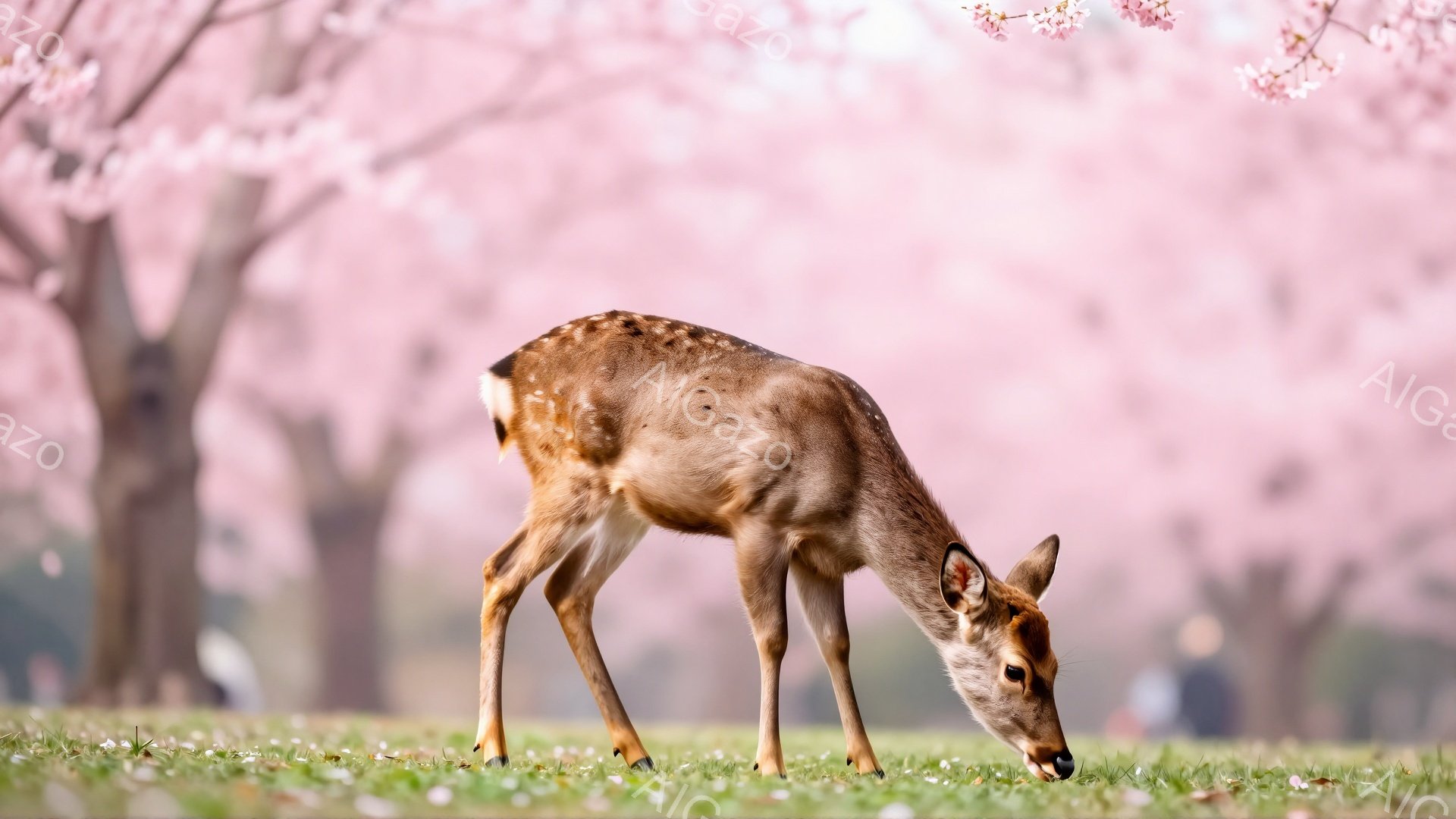 桜並木の中で、子鹿が草を食べている。背景は桜の花びらが舞い散るぼやけたピンク色で、春の穏やかな雰囲気が伝わってくる。子鹿は警戒しながらも、のんびりと食事を楽しんでいるようだ。
