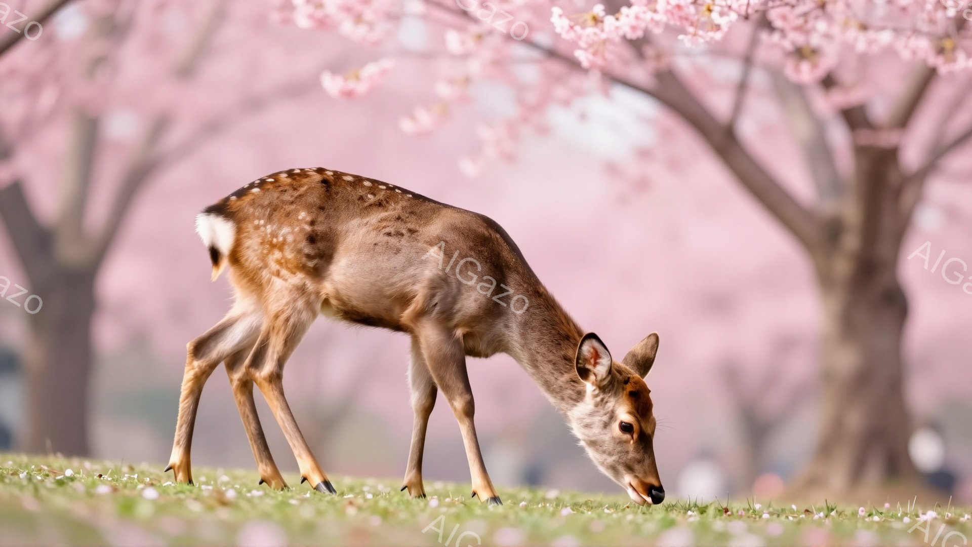 桜並木の緑の芝生の上で、美しい斑点模様のシカが頭を下げて草を食べている。ピンク色の桜の花びらが舞い散り、穏やかで春らしい雰囲気を醸し出している。シカの毛並みや背景の桜のぼかしが、写真に柔らかさと奥行きを与えている。