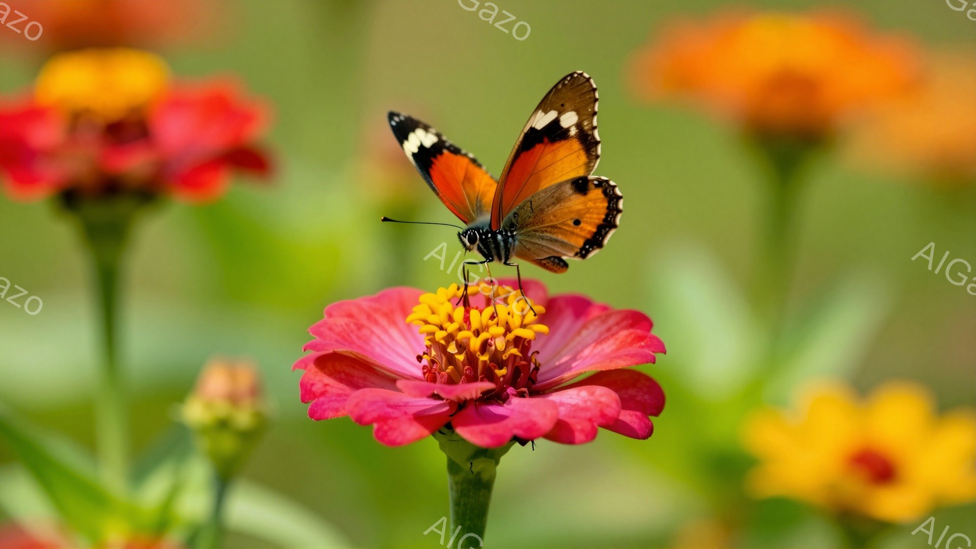 鮮やかなピンク色の花にとまって羽を休めるオレンジ色の蝶が印象的です。背景には、ぼやけた緑と黄色い花が広がり、暖かい日差しの中で自然の美しさが際立っています。昆虫と花の鮮やかなコントラストが、平和で穏やかな雰囲気を醸し出しています。