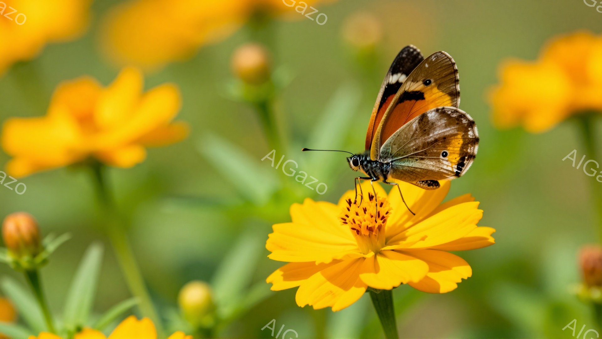 黄色の花に茶色と黒色の蝶がとまっています。背景には、ぼやけた黄色い花が散りばめられ、暖かい日差しが感じられます。自然の美しさが際立つ、穏やかで平和な雰囲気の写真です。