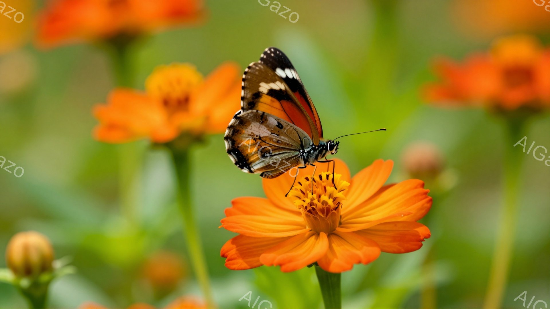 オレンジ色の花の上に茶色と黒の蝶がとまっている。背景には、ぼやけた緑の葉や他の花が見える。鮮やかな色と自然の要素が、静かで穏やかな雰囲気を醸し出している。 - AI生成フリー素材