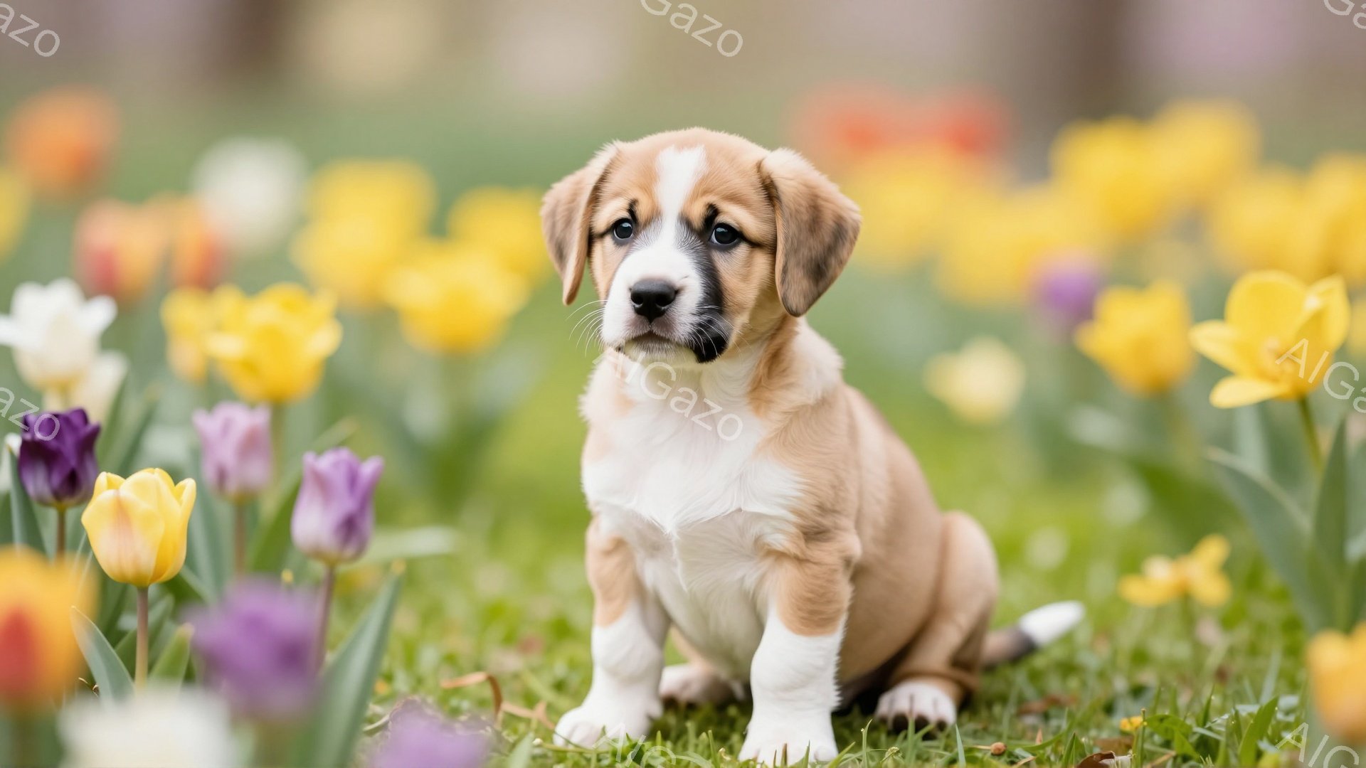 小さな子犬が花畑の中で座っています。柔らかいクリーム色と白の毛並みで、好奇心旺盛な表情をしています。背景には黄色と紫のチューリップが咲き乱れ、春の暖かな雰囲気が漂っています。 - AI生成フリー素材