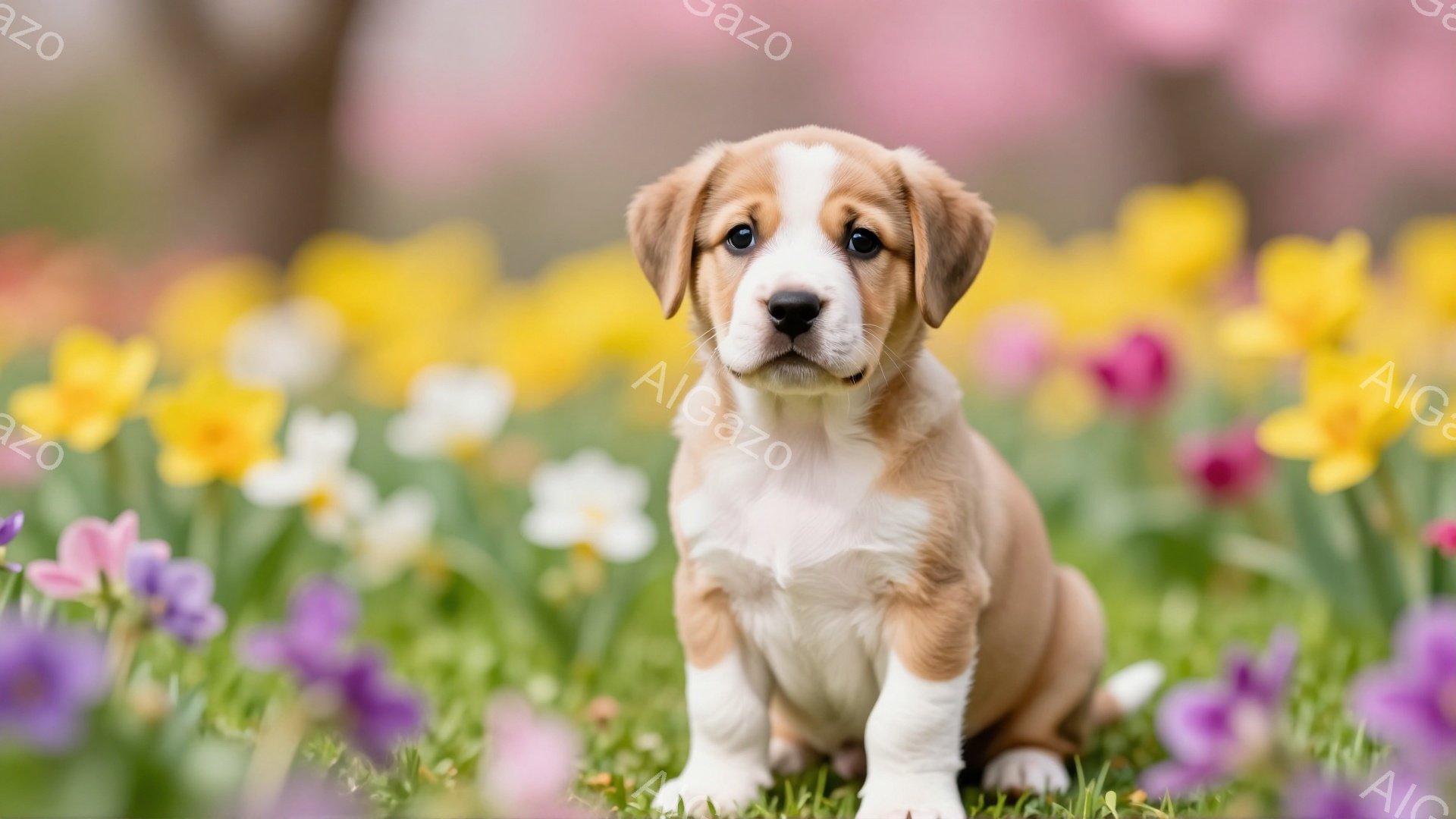 芝生の上に座っている小さな子犬です。クリーム色と白の毛並みで、丸い瞳が愛らしい表情を見せています。背景には、黄色や紫の春の花々が咲き乱れ、暖かく穏やかな雰囲気を作り出しています。