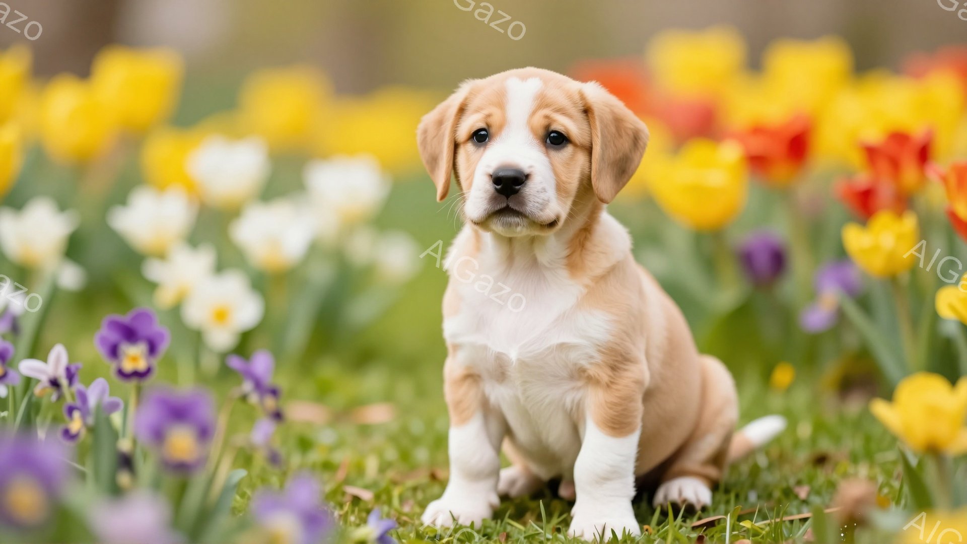 鮮やかな春の花に囲まれた子犬が、緑の草の上に座っています。子犬はクリーム色と白の毛並みで、大きな瞳と短い鼻が特徴的です。背景はカラフルなチューリップと他の春の花で満たされ、暖かく穏やかな雰囲気を醸し出しています。