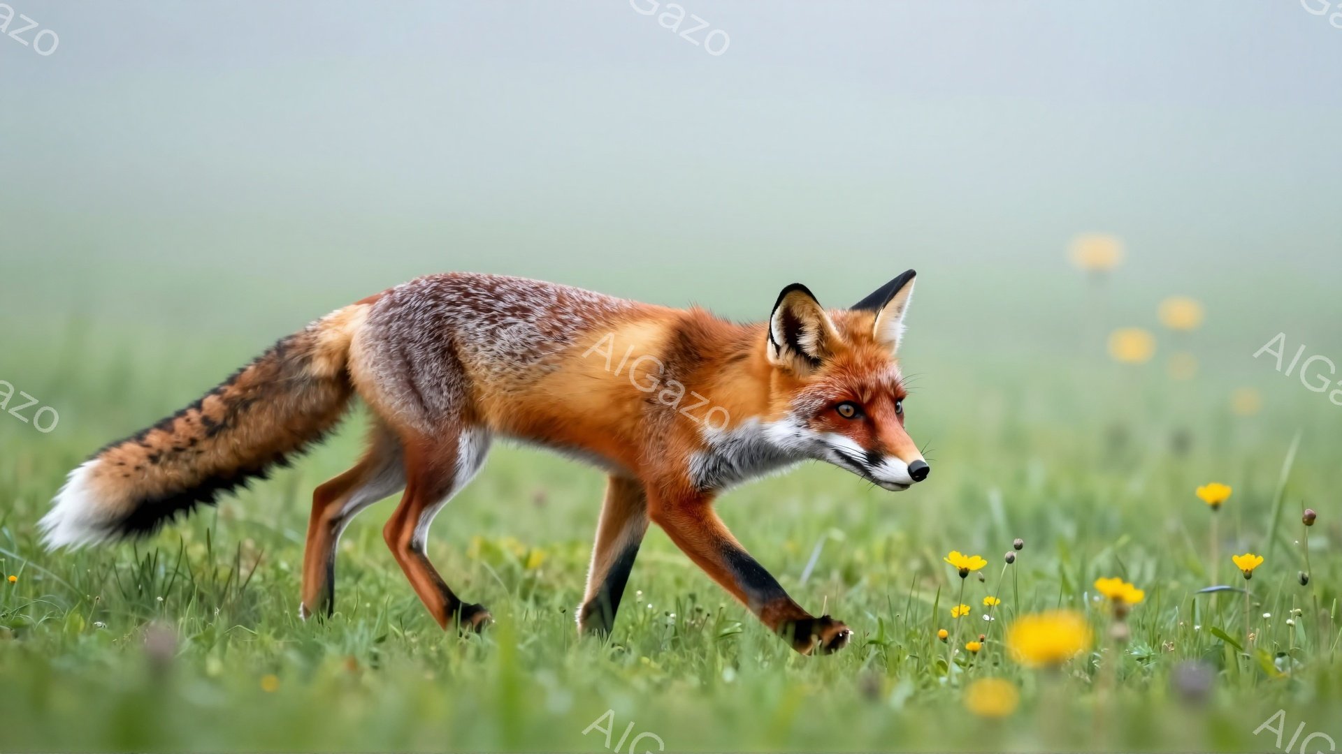 緑の草地を、毛並みの美しいキツネが歩いている。キツネは右方向に歩いており、黄色い花々が咲き乱れる野原を駆け抜けているようだ。背景はぼやけており、キツネに焦点が当たっている。