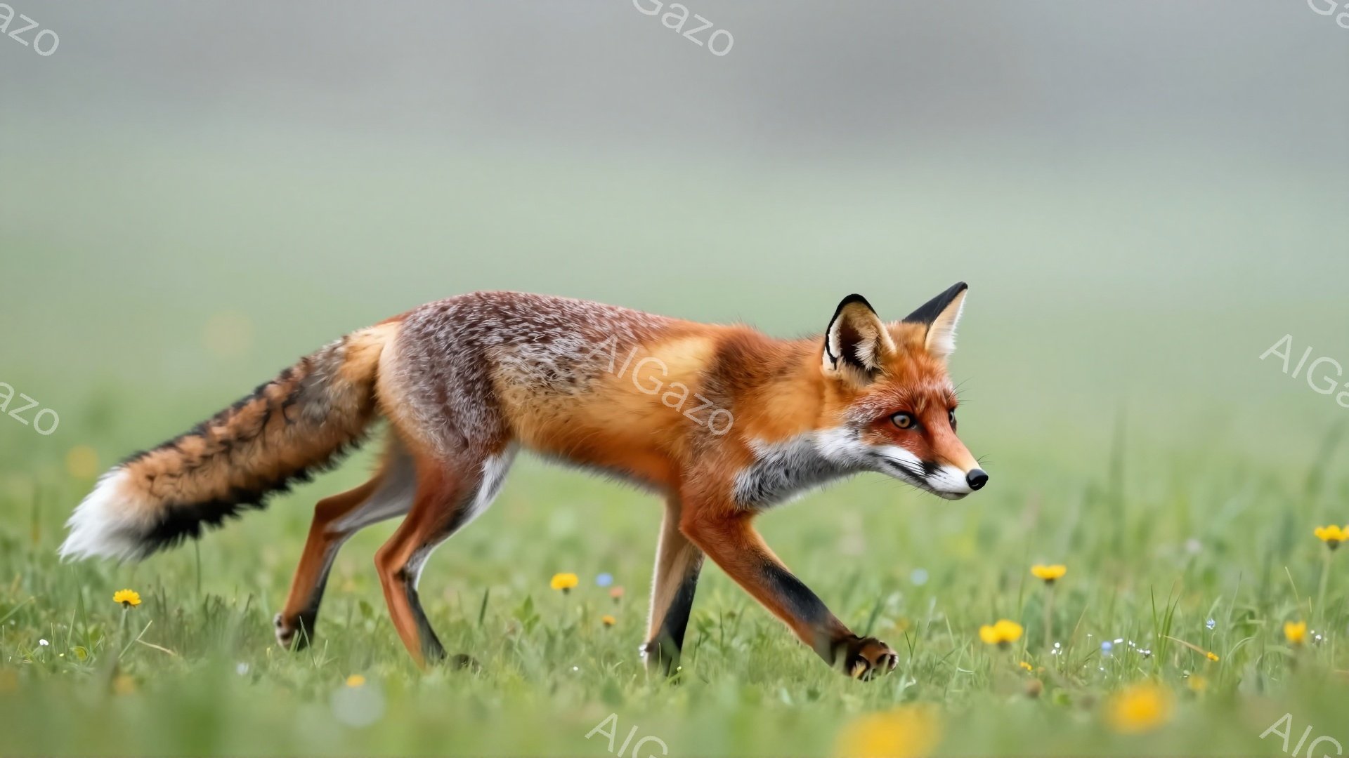 広大な緑の草原を、毛並みの美しいキツネが歩いている。夕暮れ時の柔らかい光がキツネの毛並みを照らし、穏やかな雰囲気を醸し出している。足元には黄色い花が咲き、自然の静けさが感じられる。