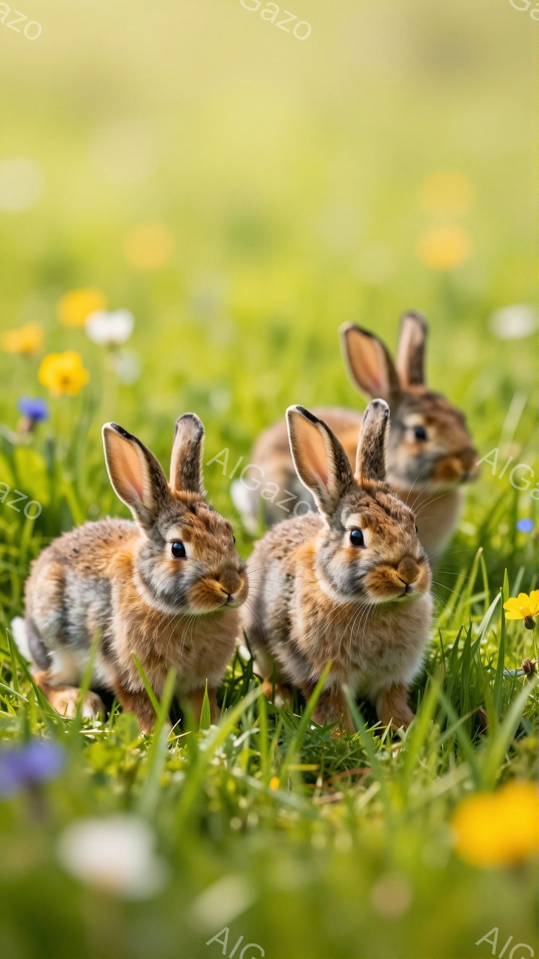 草原の中で、三匹のうさぎが可愛らしく佇んでいます。緑の草と黄色い花々が背景を彩り、穏やかで優しい雰囲気を醸し出しています。うさぎたちはそれぞれ少しずつ顔を上げて、好奇心旺盛な表情を見せています。