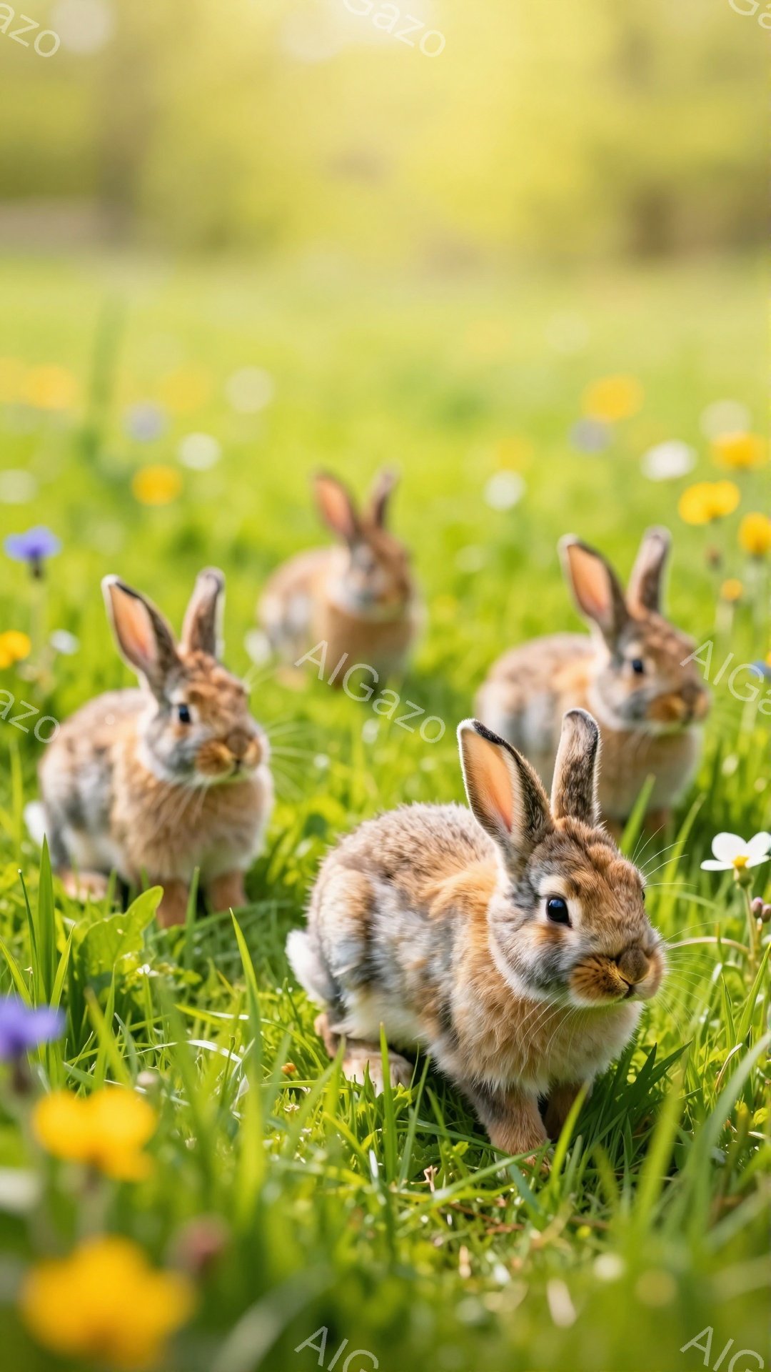 緑豊かな草地で、四匹のうさぎが可愛らしく佇んでいます。うさぎたちは茶色と白の毛並みで、好奇心旺盛な表情でこちらを見ています。背景には黄色や紫の小さな花々が咲き乱れ、暖かく穏やかな春の雰囲気を醸し出しています。