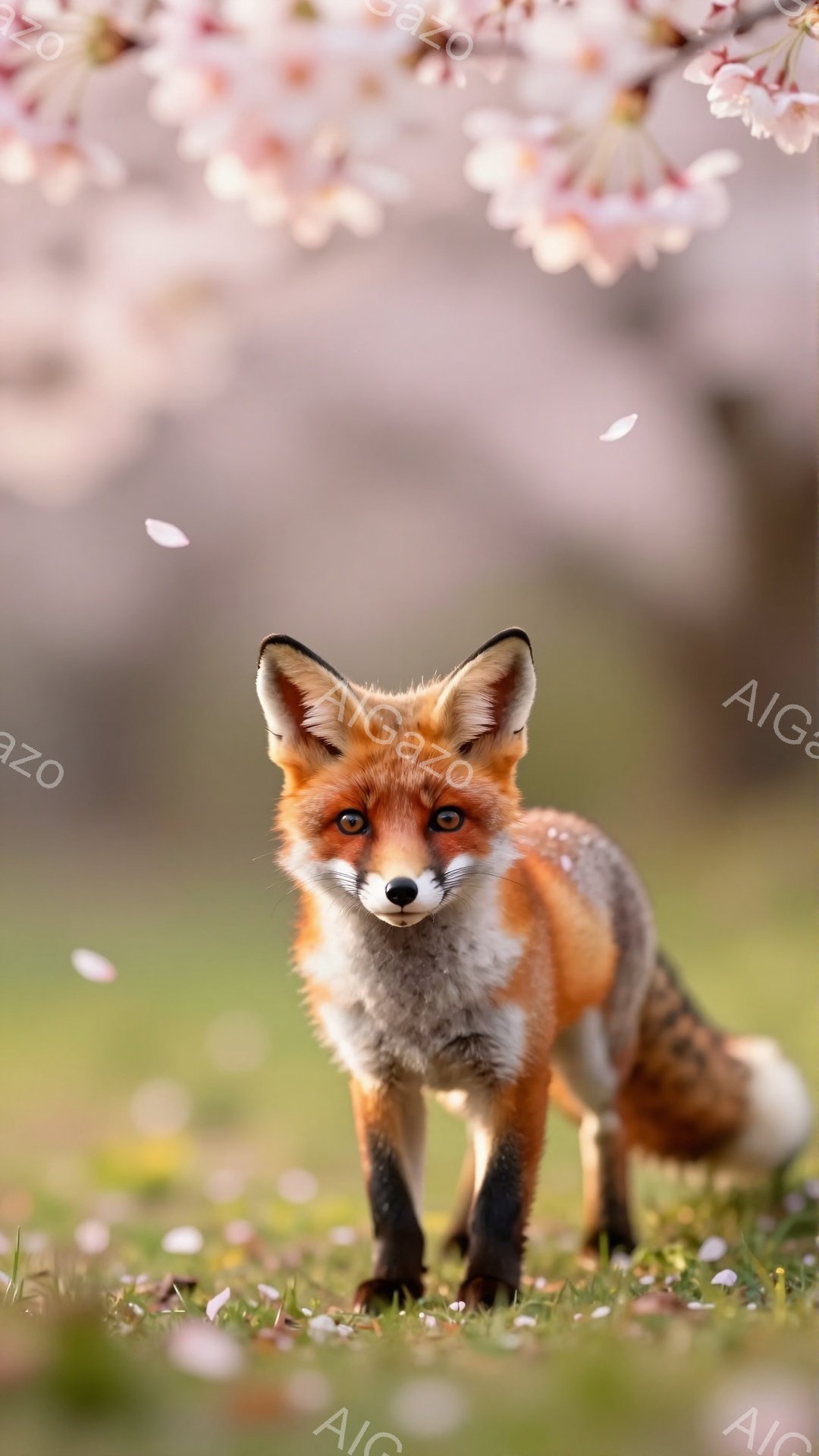 鮮やかな毛並みの狐が、桜の花びらが舞う草原に立っている。顔を正面に向け、こちらを見つめるその表情は好奇心と警戒心を抱いているように見える。背景にはぼやけた桜の木があり、春の暖かく穏やかな雰囲気が漂っている。