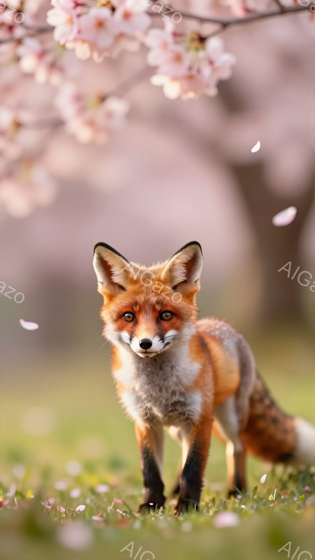 キツネが春の桜の木の下に立っています。鮮やかなオレンジ色の毛並みと、緑の草の上に散らばった桜の花びらが美しいコントラストを生み出しています。穏やかな光が差し込み、暖かく優しい雰囲気を醸し出しています。 - AI生成フリー素材