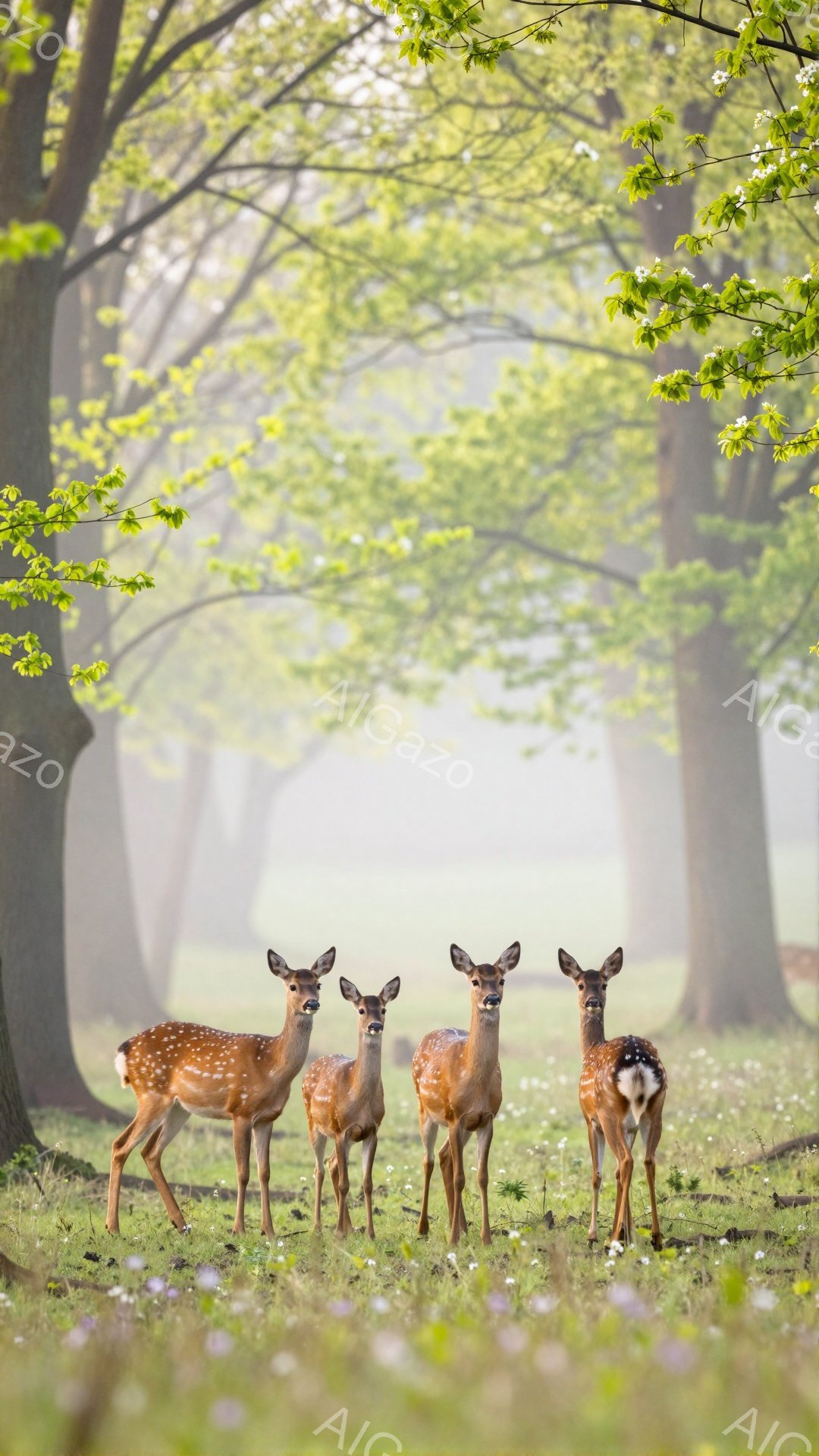 静かな森の中で、4匹の子鹿が整列して立っている。周囲には白い花が咲き乱れ、背景は霧に包まれ幻想的な雰囲気を醸し出している。春の柔らかな光が降り注ぎ、穏やかで平和な情景が描かれている。 - AI生成フリー素材