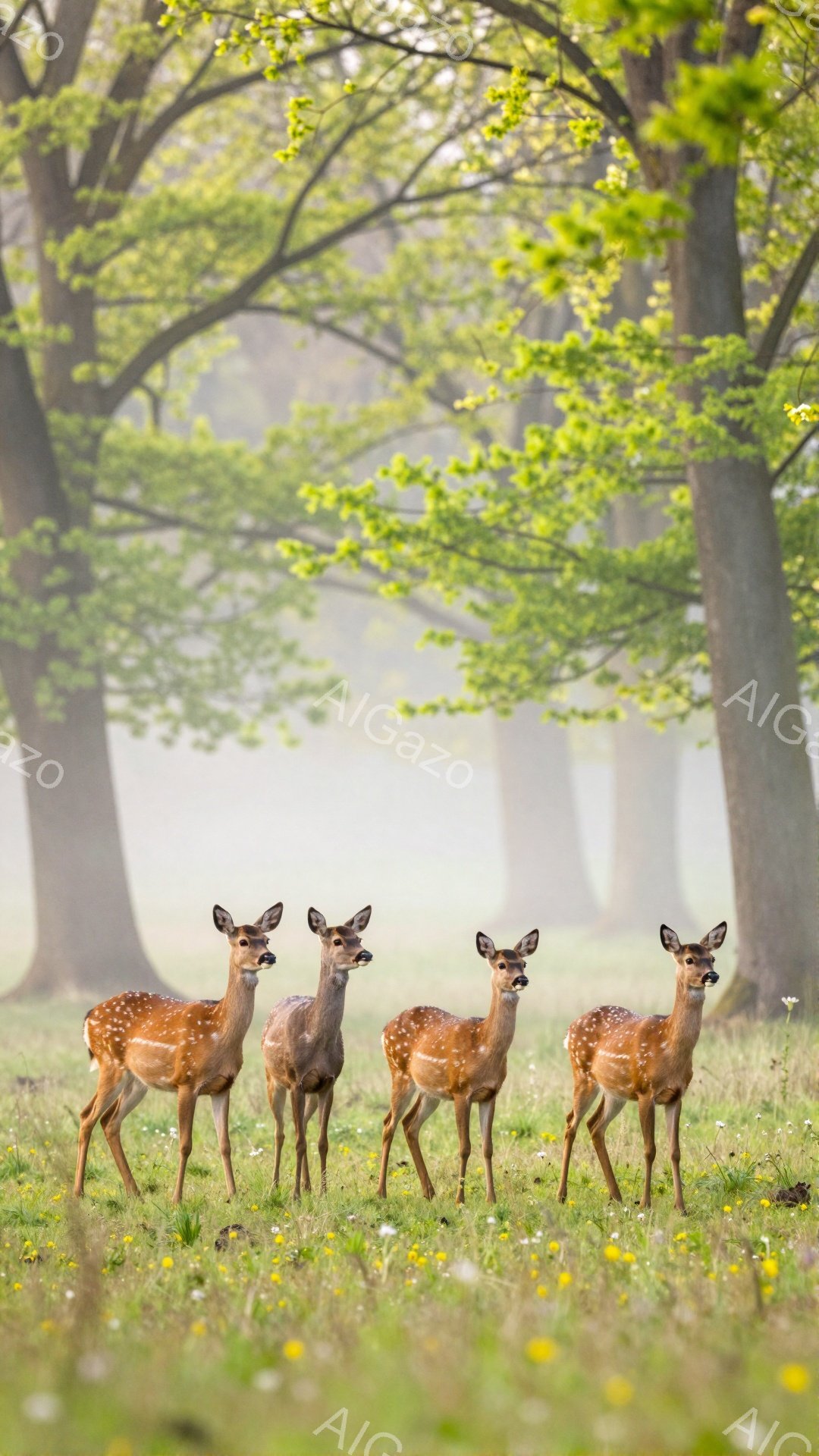 緑豊かな草原に、4頭のシカが整列して立っている。朝靄の中に佇み、その姿は静かで穏やかだ。背景には木々がぼんやりと見え、柔らかな光が全体を包み込んでいる。