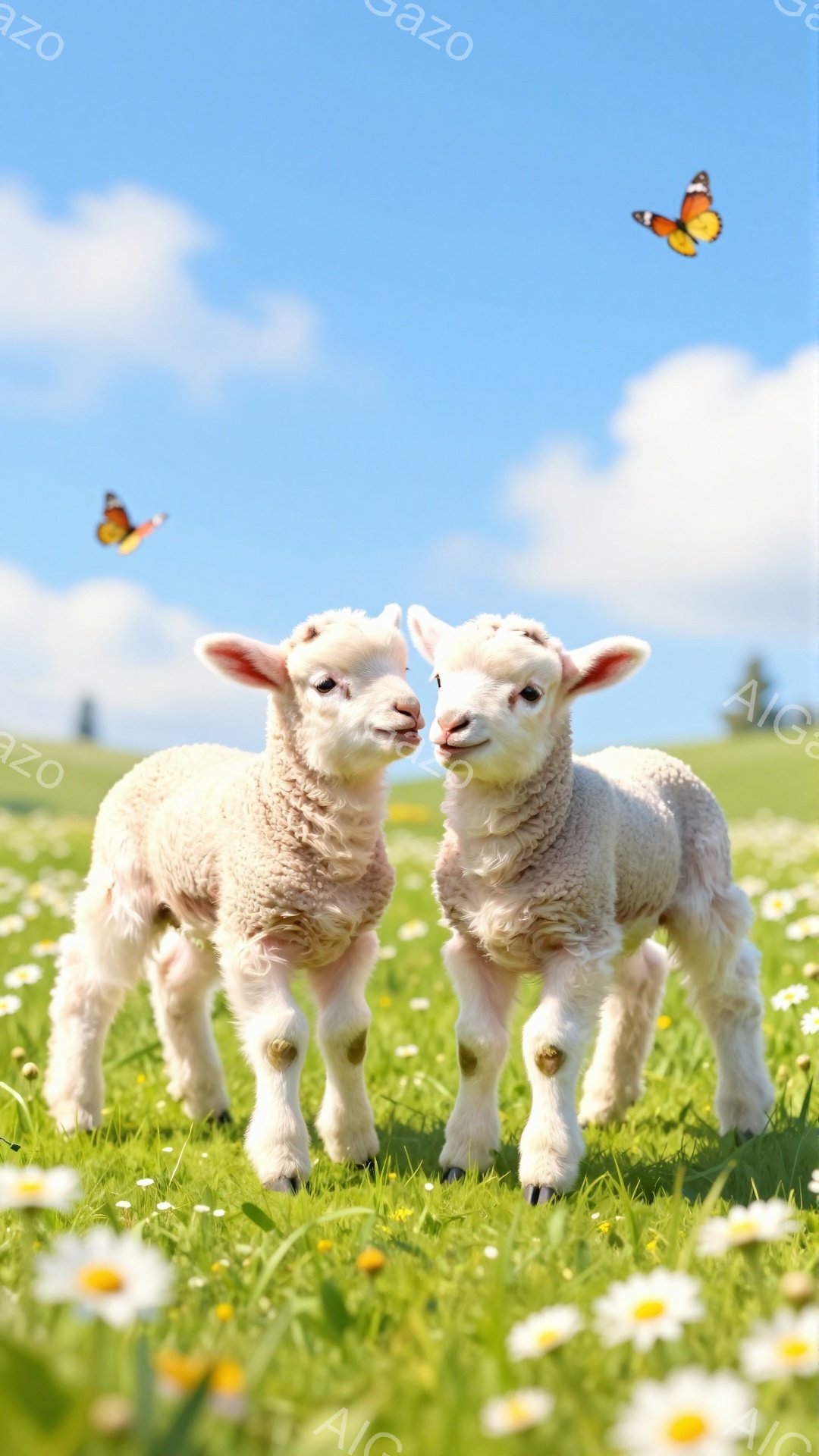 広々とした緑の草原で、2匹の可愛い子羊が寄り添って立っています。周りには白い花が咲き乱れ、空には鮮やかな色の蝶が舞っています。穏やかで平和な雰囲気が漂う、春の日の風景です。