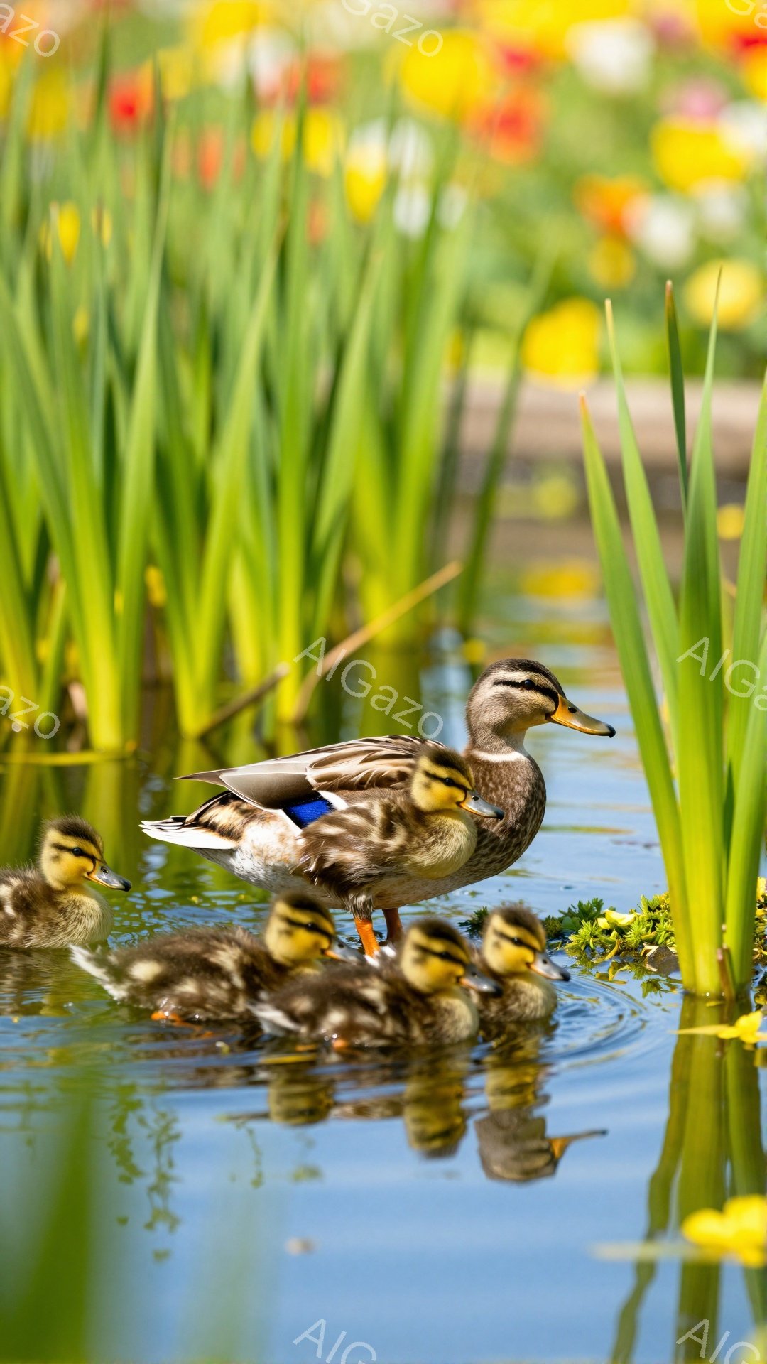 アヒルが子アヒルたちを率いて水面を優雅に泳いでいる。緑豊かな植物と鮮やかな花々が背景にあり、穏やかで平和な雰囲気を醸し出している。水面に映るアヒルの姿が、静かで美しい風景を作り出している。 - AI生成フリー素材