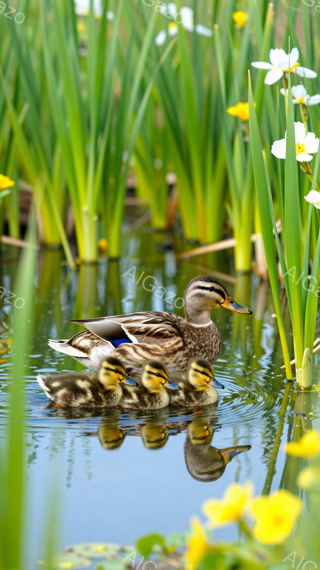 アヒルが水面を泳いでいる。親アヒルは後ろに浮かぶ可愛らしいひなを連れており、周囲には緑色の植物や黄色い花が咲き乱れている。水面に映るアヒルの姿は穏やかな春の情景を表現している。 - AI生成フリー素材