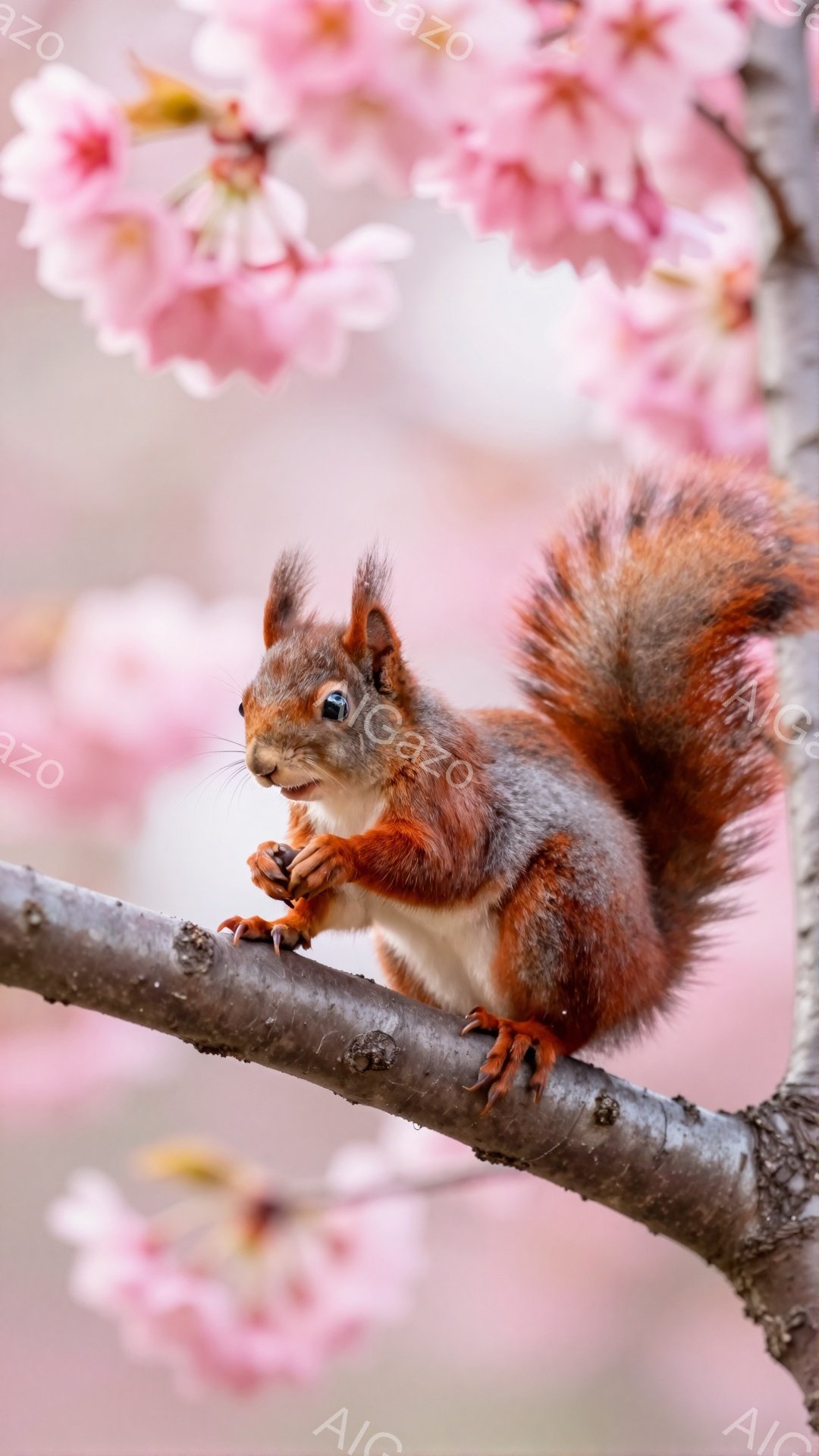 リスが枝にとまって何かを食べています。背景には桜の花がぼんやりと咲き、春の穏やかな雰囲気が感じられます。毛並みが美しく、可愛らしい姿が印象的です。