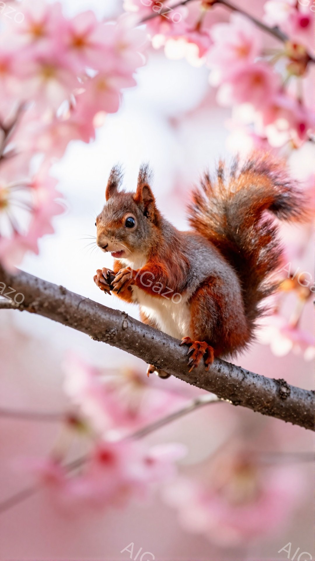 赤い毛並みのリスが木の枝にしがみついています。ピンク色の桜の花が背景にぼやけており、春の暖かく優しい雰囲気を醸し出しています。リスは何かをかじっているようで、可愛らしい表情をしています。