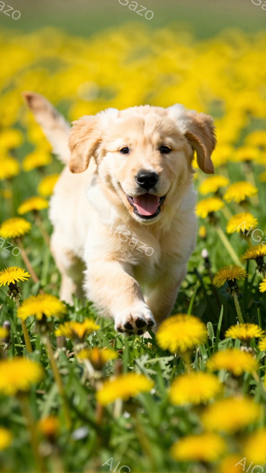 ゴールデンレトリバーの子犬がタンポポ畑を駆け抜けている。 嬉しそうに口を開け、楽しんでいる様子が伝わってくる。 背景は明るい黄色で、春の陽気な雰囲気が漂っている。 - AI生成フリー素材