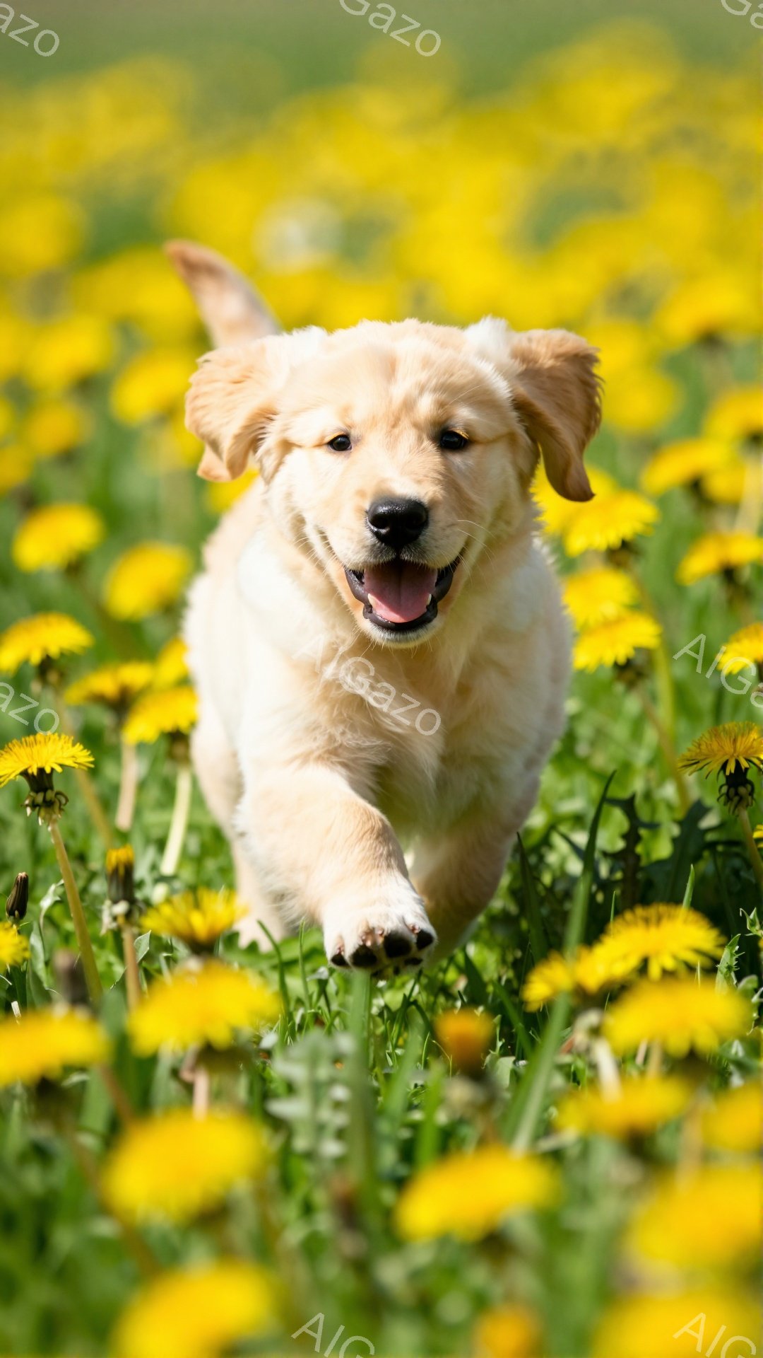 鮮やかなタンポポ畑を、ゴールデンレトリバーの子犬が走り抜けている。子犬は口を開けて満面の笑みを浮かべ、躍動感に満ちた姿が印象的だ。背景にはぼやけた緑の草地が広がり、暖かい春の日の雰囲気が伝わってくる。