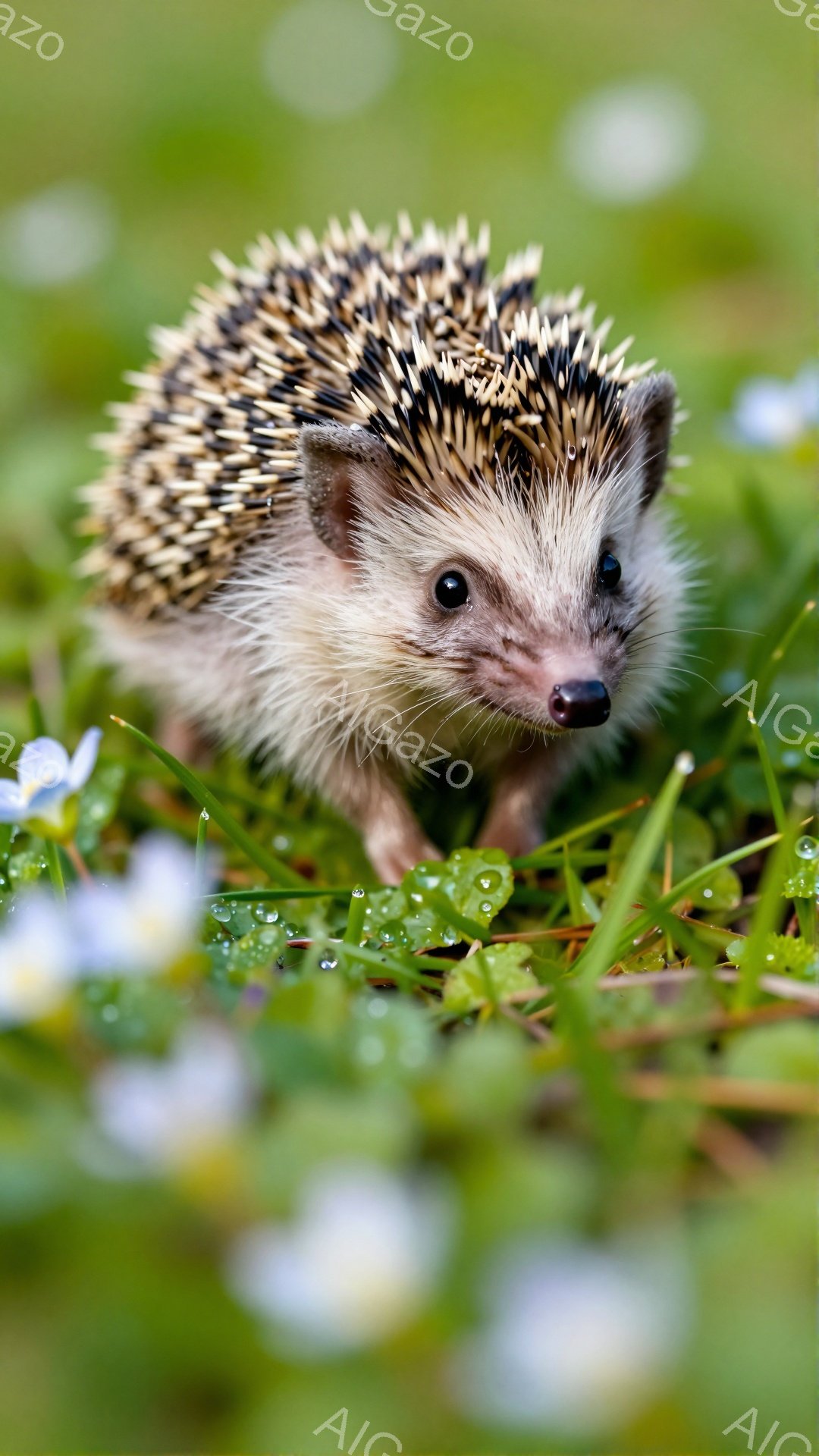 小さなハリネズミが緑の草むらの中で可愛らしく佇んでいます。白い花々が周りに咲き、柔らかな光が全体を包み込み、穏やかな雰囲気を作り出しています。ハリネズミは小さな瞳でこちらを見つめ、愛らしい表情をしています。