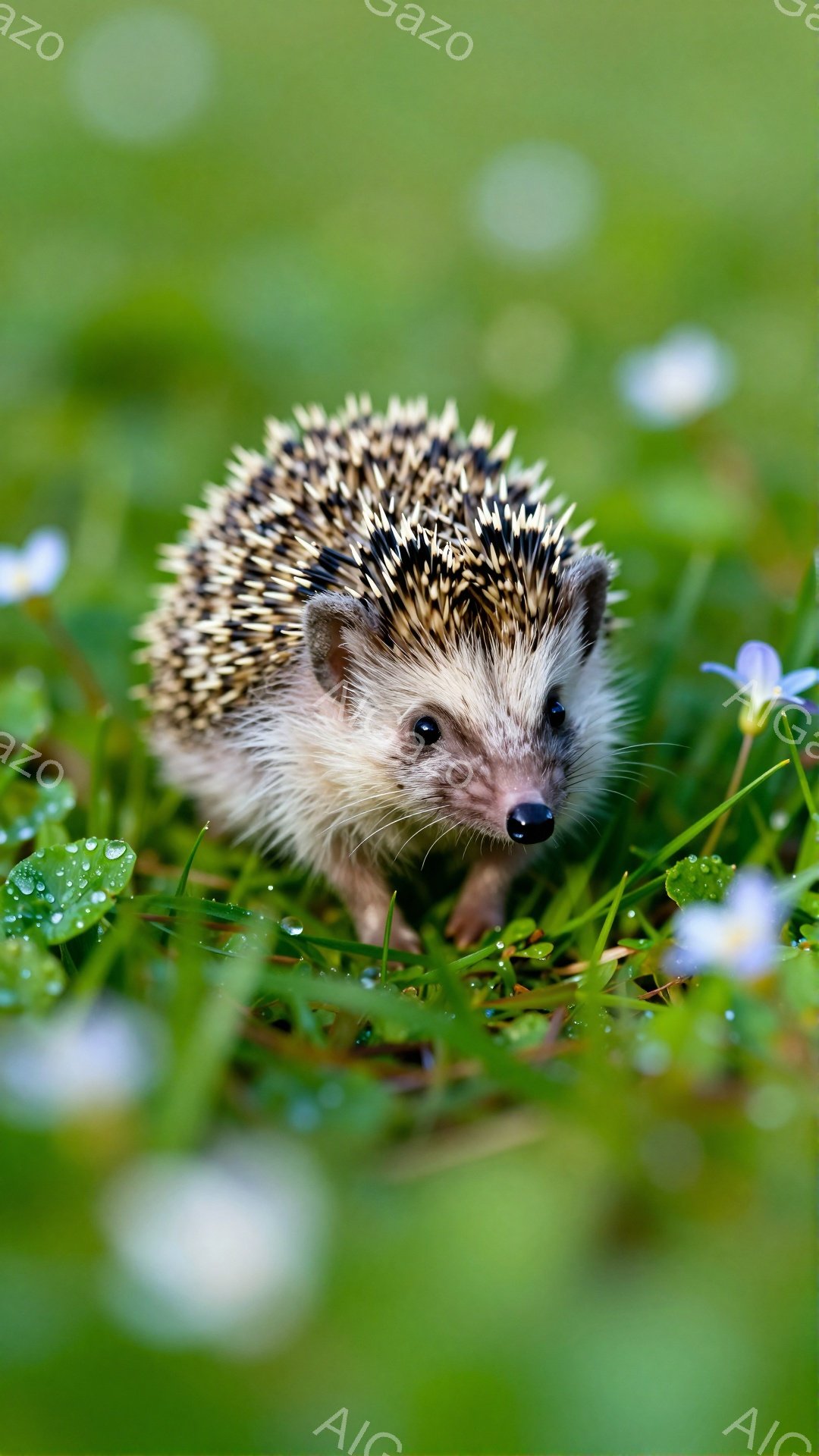 緑の草むらの中で、小さなハリネズミが歩いている。白い花と緑の葉っぱの間を通り、少し濡れているように見える。可愛らしい姿が、穏やかな雰囲気を醸し出している。