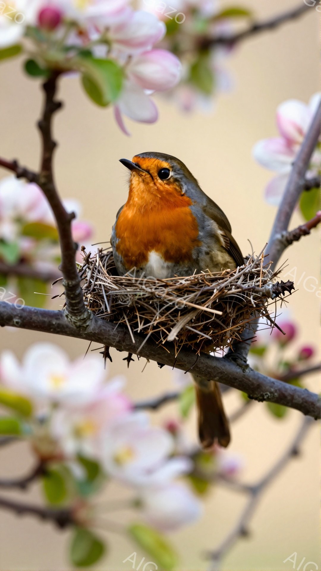 鮮やかな赤色の胸を持つヨーロッパコマドリが、枝に作られた巣に座っている。背景には、淡いピンク色の花が咲き乱れ、春の暖かな雰囲気を醸し出している。コマドリは警戒心と好奇心を持ってこちらを見ているようだ。 - AI生成フリー素材