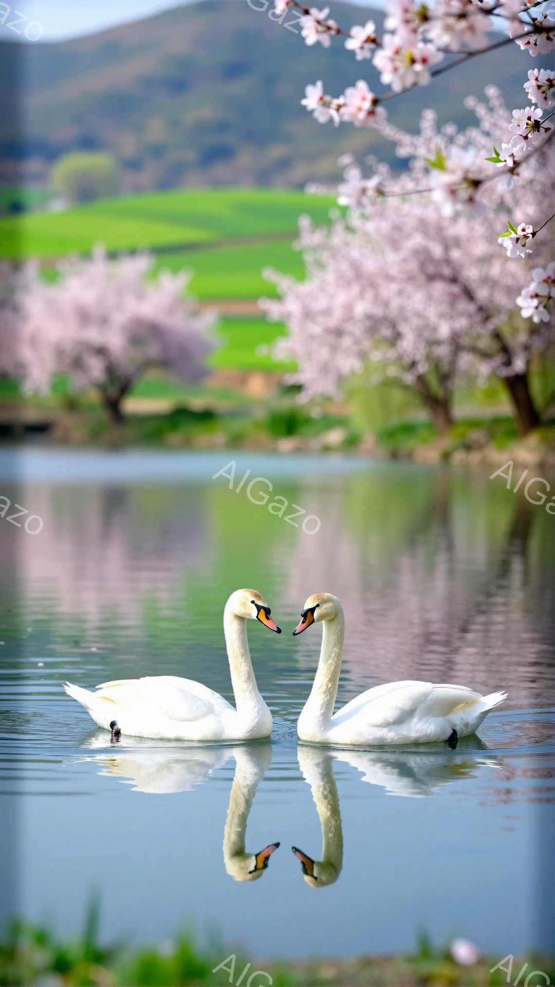 白鳥が寄り添うように水面を泳いでいる。背景には桜が咲き誇り、穏やかな春の風景が広がっている。水面に映る白鳥の姿も美しく、平和な雰囲気を醸し出している。