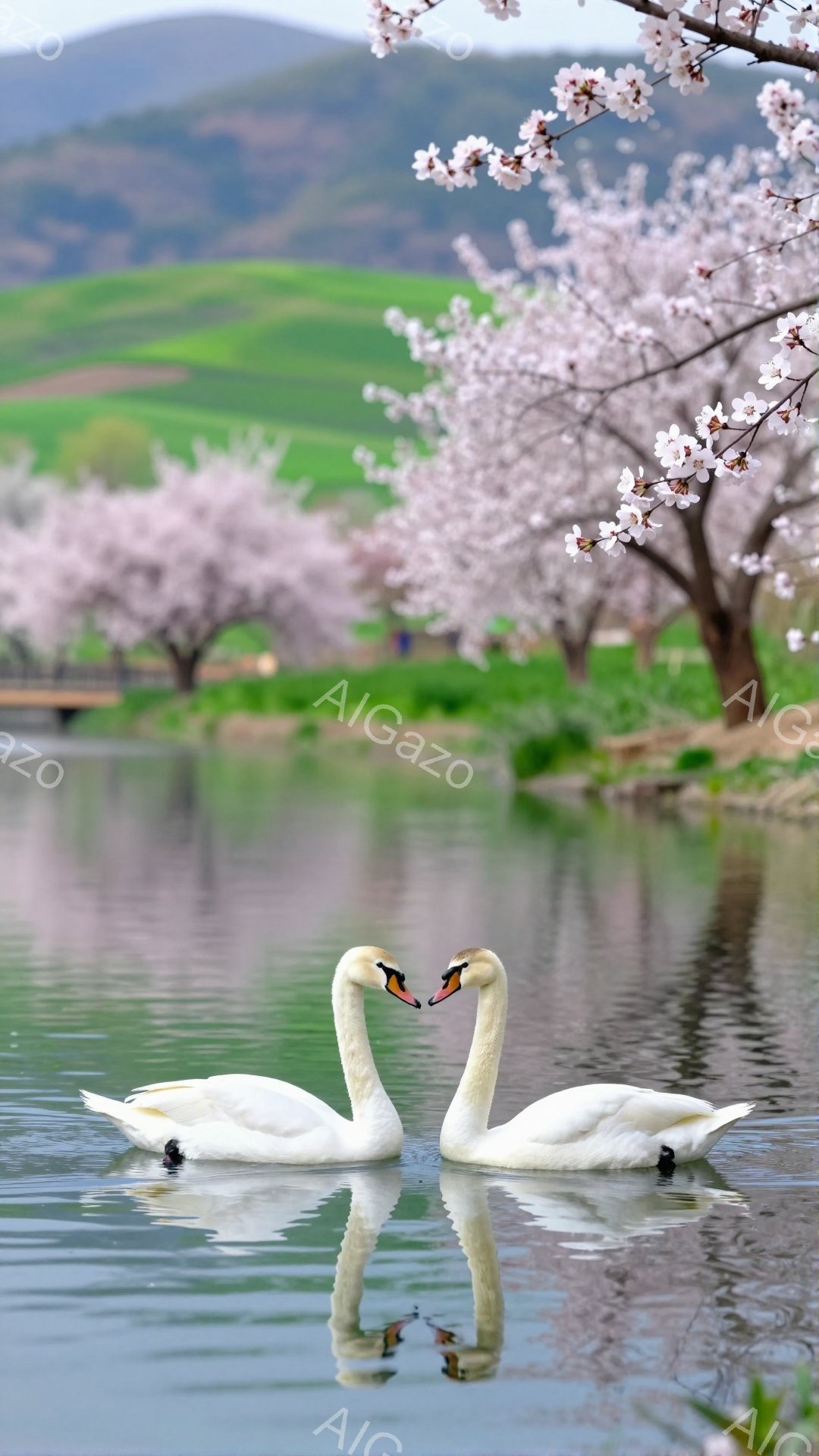 白鳥が寄り添い、ハートの形を作って水面を進んでいます。背景には桜が咲き誇り、春の穏やかな雰囲気を醸し出しています。水面に映る鳥と桜のコントラストが美しい風景です。
