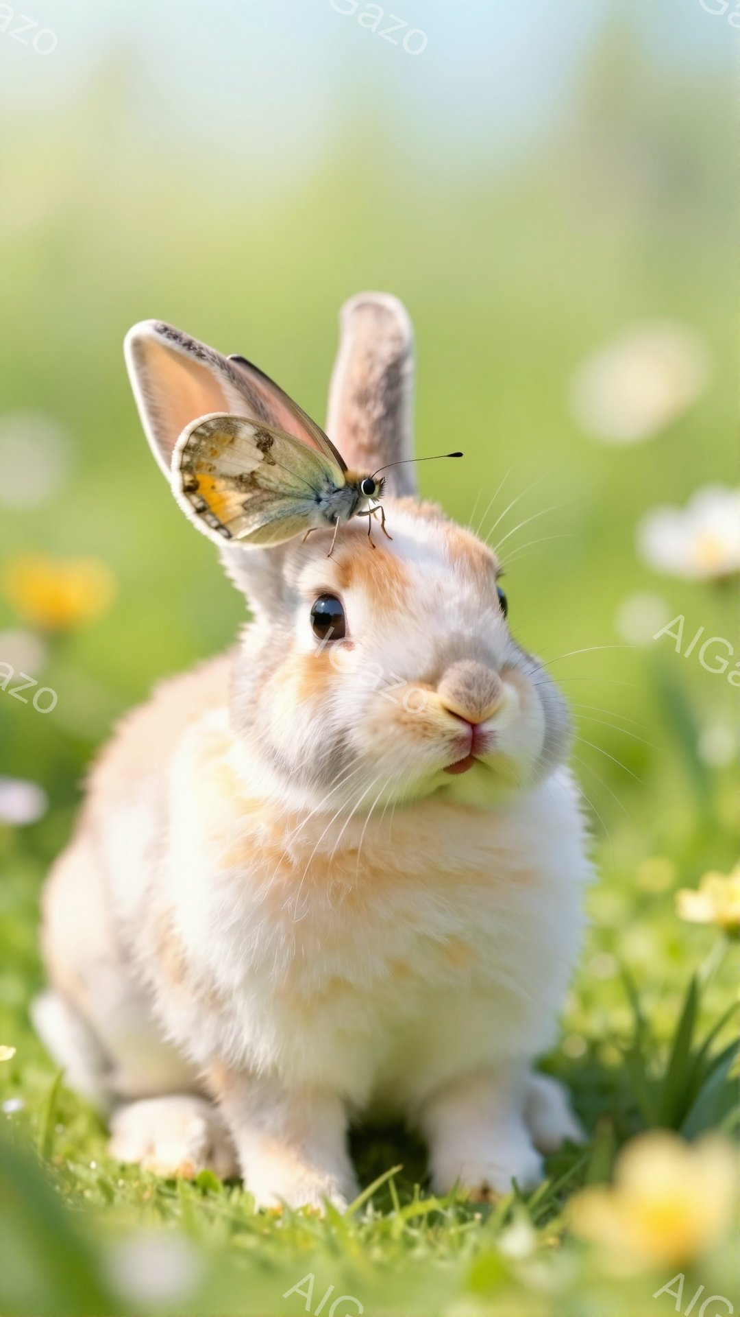 柔らかい毛並みを持つ小さなウサギが、緑の草原の中に座っています。ウサギの頭の上には、オレンジと黒色の美しい蝶がとまっており、穏やかな春の雰囲気を演出しています。背景には黄色い花が咲き、明るく優しい光が - AI生成フリー素材