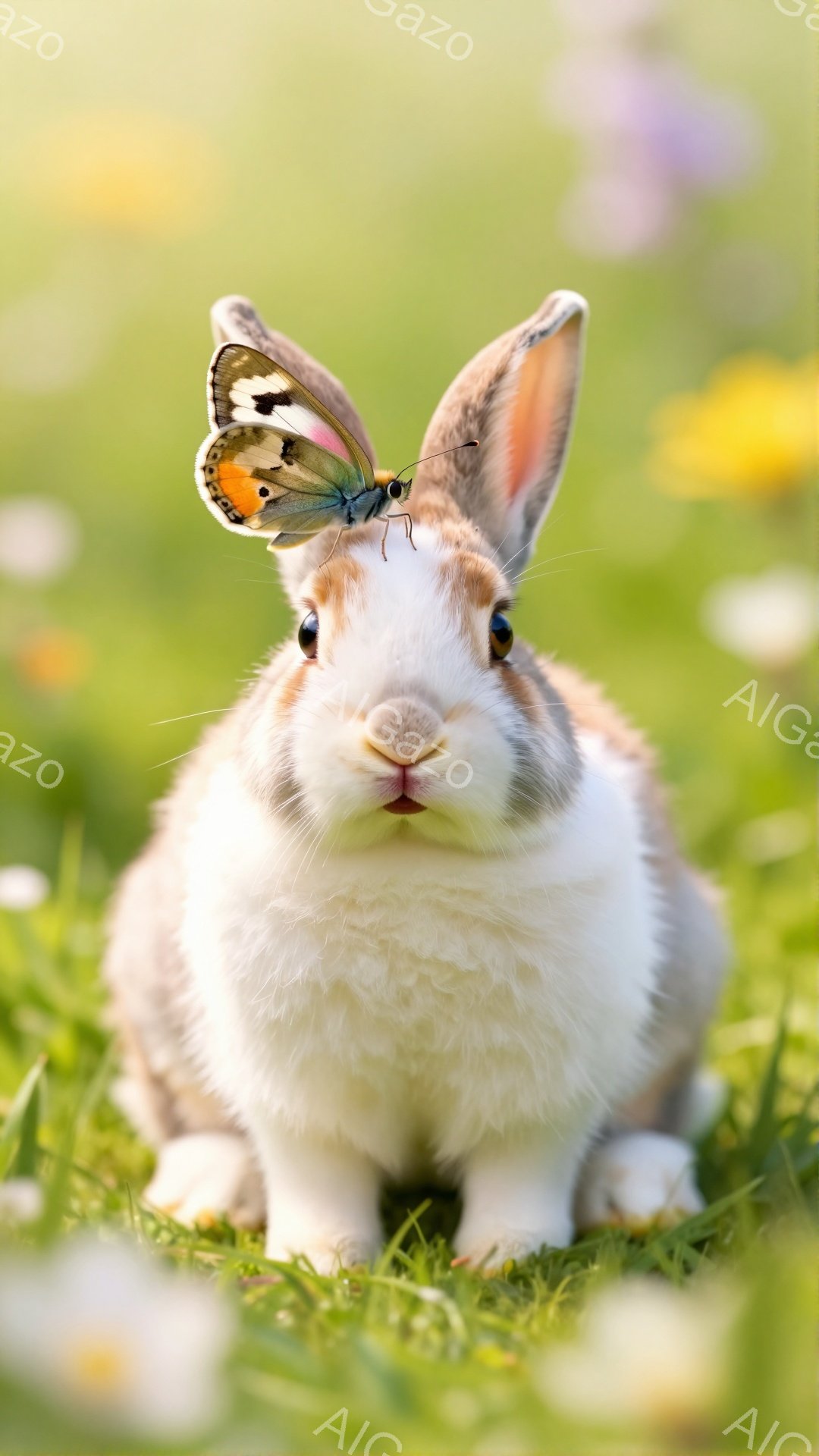 白と茶色のウサギが緑の草の上に座っています。頭にはオレンジと黒の蝶がとまっており、可愛らしい姿を見せています。背景にはぼやけた花々が咲き、春らしい暖かく穏やかな雰囲気が漂っています。 - AI生成フリー素材