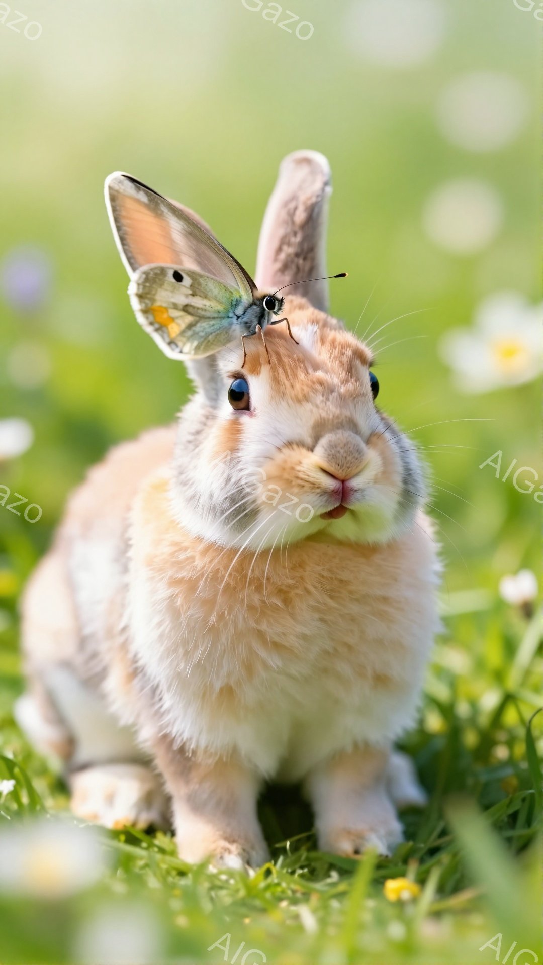 淡い茶色の毛並みを持つ子ウサギが、緑の草の上に座ってこちらを見ています。蝶がウサギの鼻の上にとまっており、可愛らしい光景です。背景には白い花が咲き乱れ、穏やかな春の雰囲気を醸し出しています。 - AI生成フリー素材