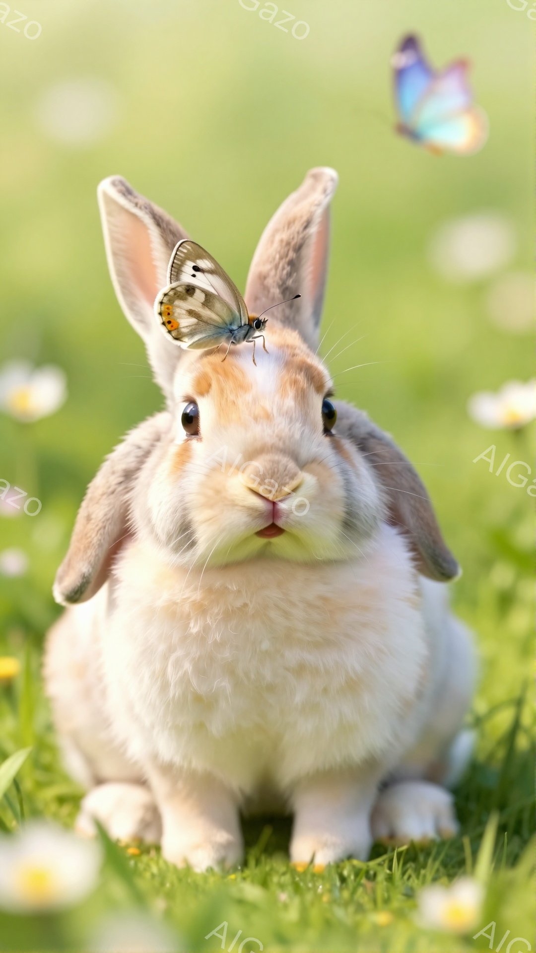 明るい緑の草原に、愛らしい茶色のウサギが座っています。その鼻の上には、鮮やかな青い蝶がとまっており、まるでモデルのように見つめています。周りには白い小さな花が咲き、春の穏やかな雰囲気が漂っています。