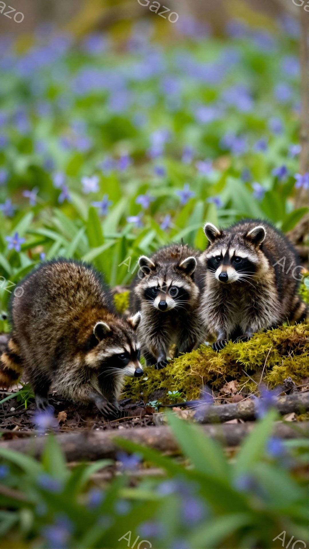 アライグマの家族が青い花畑の中で寄り添っています。好奇心旺盛な表情で何かを見つめており、背景の緑と紫色のコントラストが美しいです。春の穏やかな雰囲気を感じさせる、心温まる光景です。