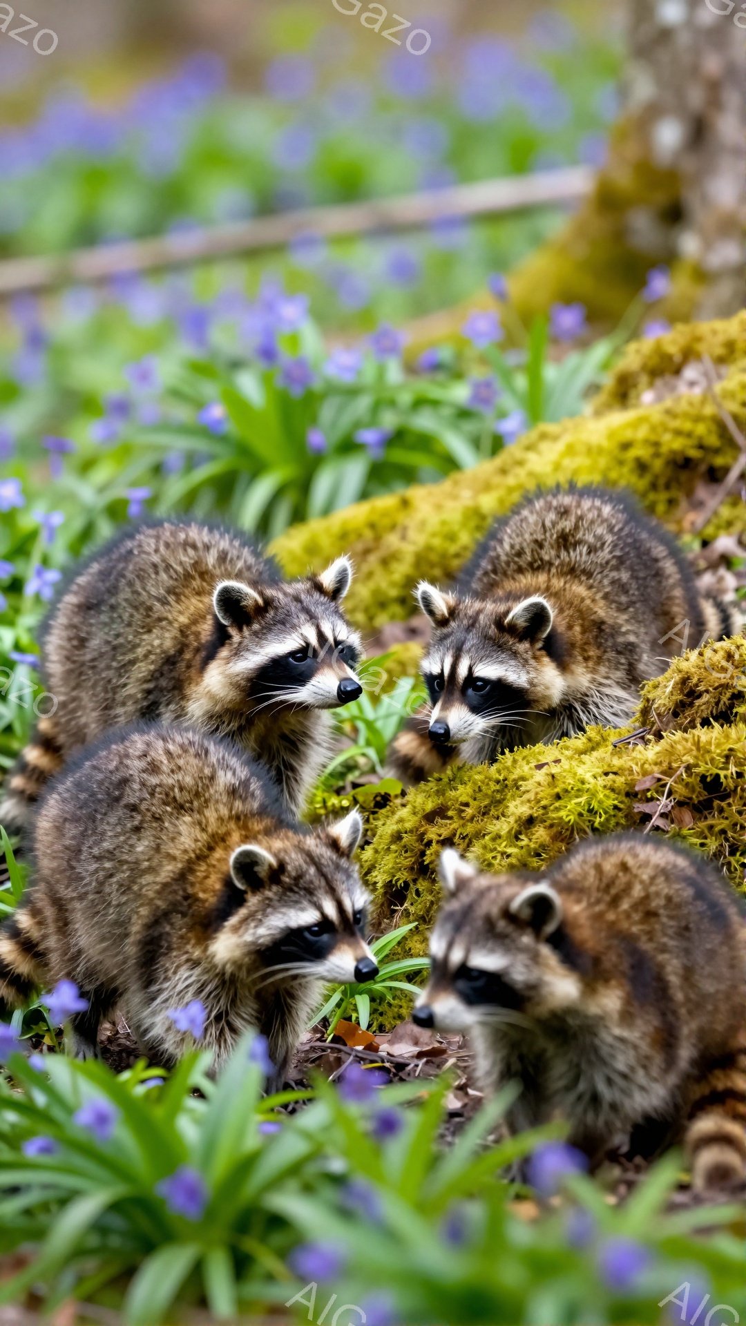 鮮やかな紫色の花と緑の苔に囲まれた、数匹のアライグマが寄り添う姿が描かれている。アライグマたちは可愛らしい表情でこちらを見つめ、好奇心旺盛な様子が伺える。春の柔らかな光が差し込み、穏やかで優しい雰囲気を醸し出している。