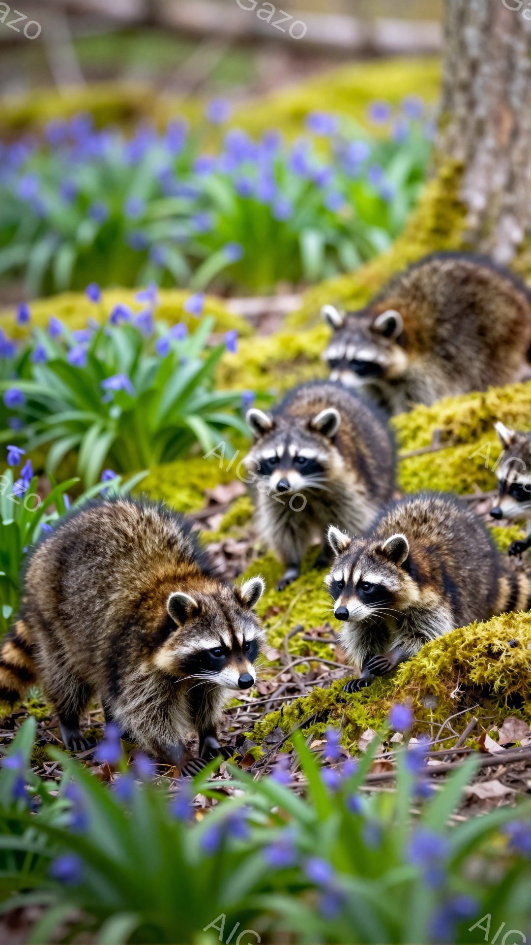 アライグマの家族が紫色の花畑の中で遊んでいます。緑色の苔と鮮やかな花が春の暖かい雰囲気を醸し出し、子アライグマたちは好奇心旺盛な表情で周囲を探索しています。自然豊かな光景が平和で穏やかな気持ちにさせて - AI生成フリー素材